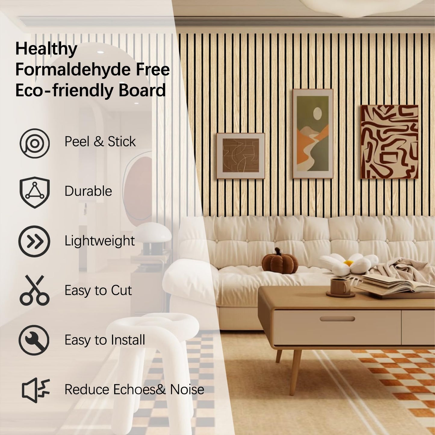 ARMURO Wood Slat Wall Panel 2 PCS - Extra-Long Wood Wall Panels for Soundproof Home & Office, Easy Peel and Stick Acoustic Panels for Noise Cancelling (Oak 11.8"W x 94.5"L)