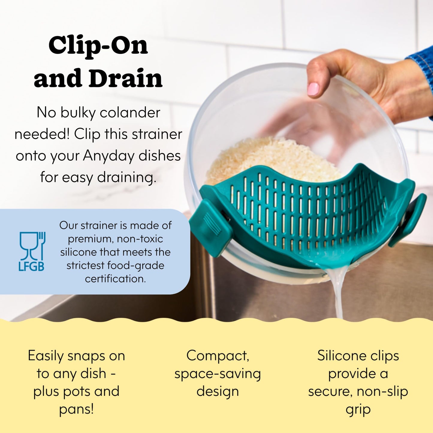 Anyday Silicone Clip On Strainer for Pots and Pans & Glass Dishes | Pot Strainer Silicone, Universal Clip On Pasta Strainer for Meat, Rice, & Vegetables (Kale)