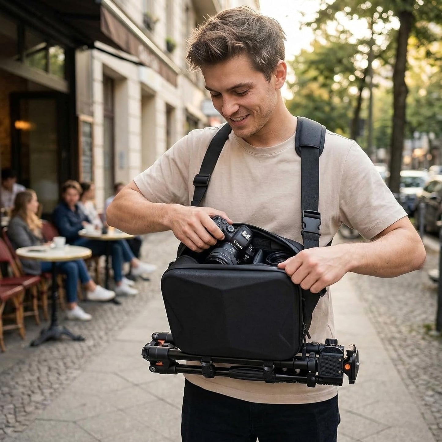 Comecase Hard Shell Camera Sling Bag for DSLR & Mirrorless/Water-Resistant Crossbody with Tripod Holder, Quick Access