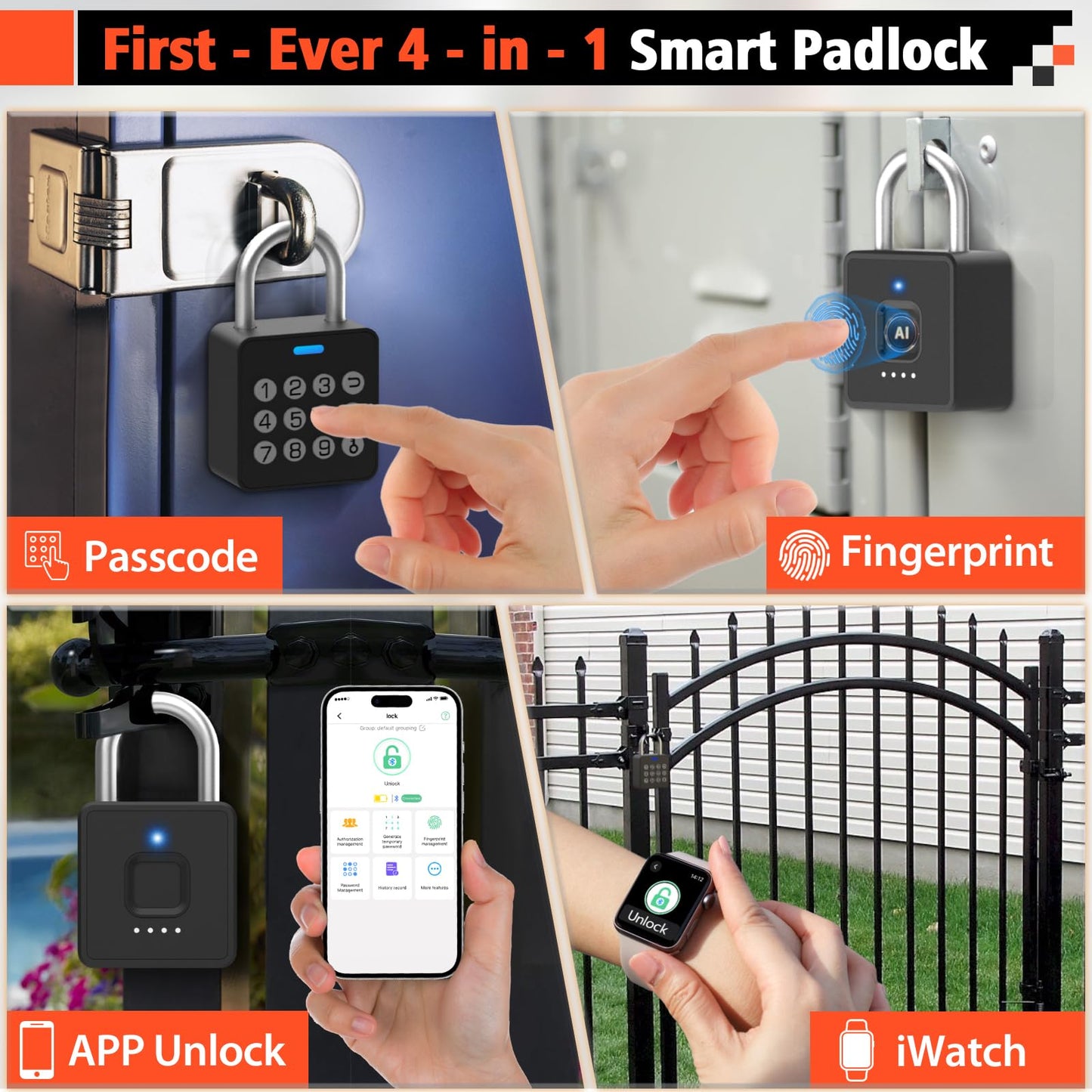Eseesmart Fingerprint Locker Lock with Code, Combination Padlock Smart Fingerprint Biometric Keyless Combo Lock Waterproof for Outdoor Fence Gate Shed Gym School Locker Storage