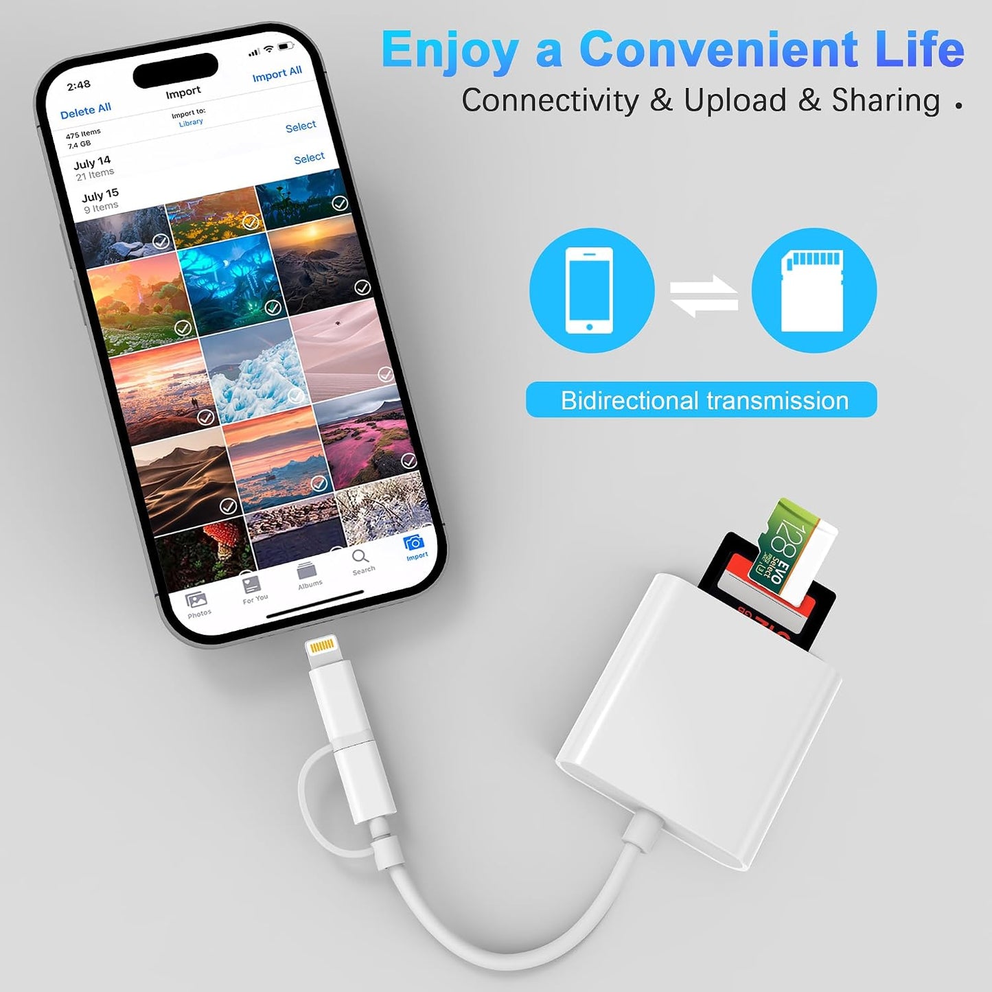 DCNETWORK 2 1 SD Card Reader for iPhone iPad, Dual Connector (USB-C&Lightning) Micro SD Memory Card Reader, in SD