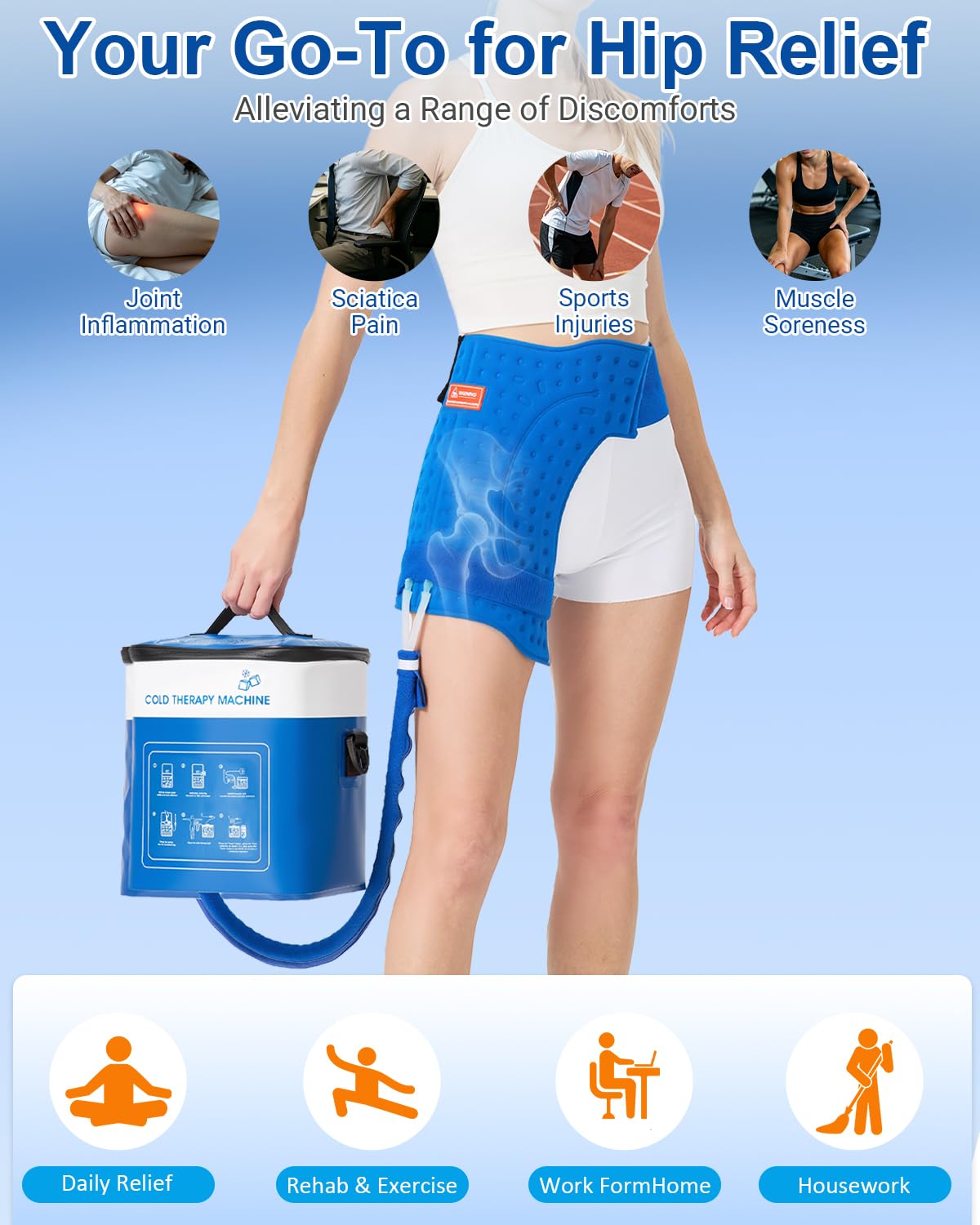 Cold Therapy Machine for Hip, 15.8Qt Large Ice Machine with Temp Display & Pressure Regulator, Cryotherapy Leak-Proof Hip-Specific Wrap, Whisper-Quiet Pump & 4 Timer Settings