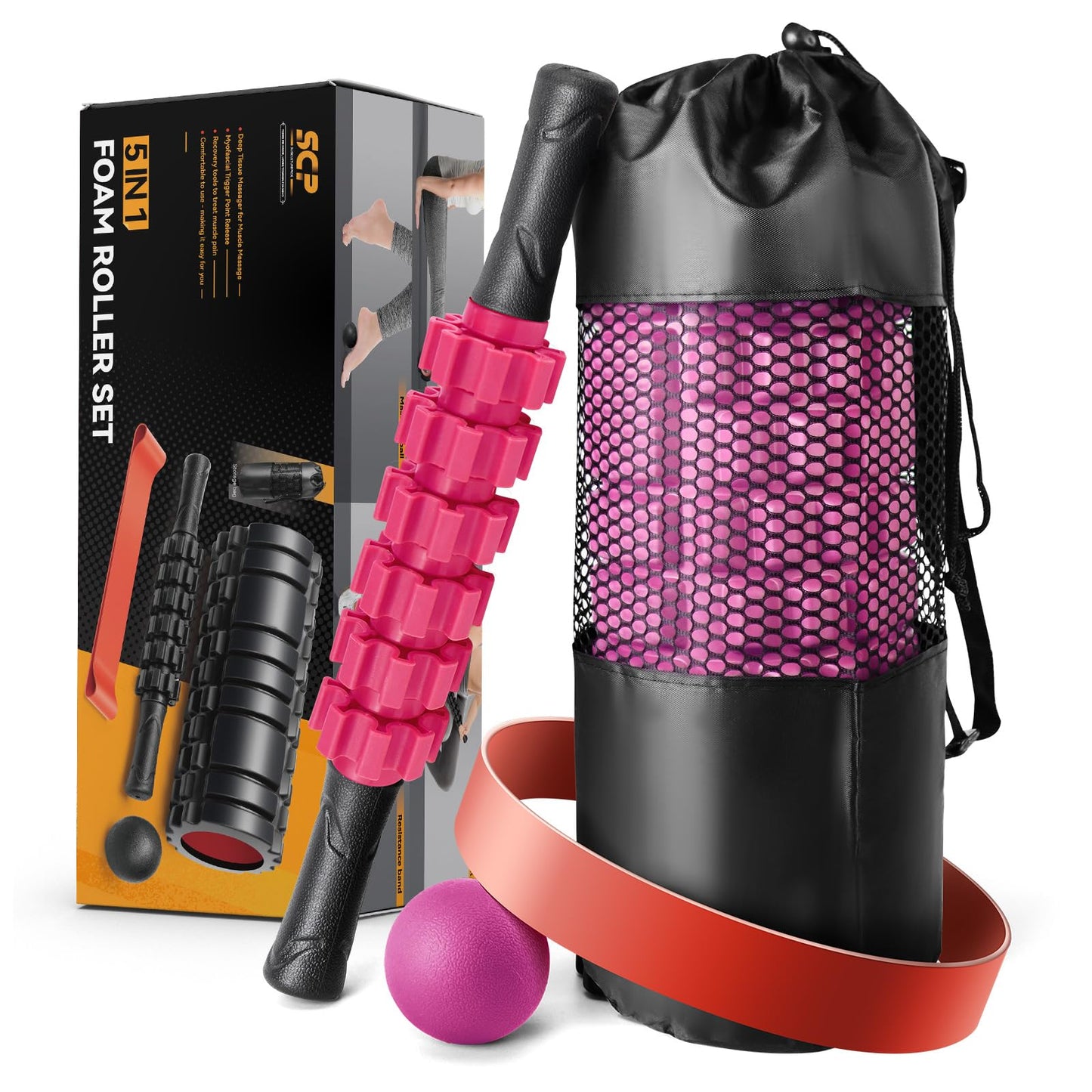 5 in 1 Foam Roller Set for Deep Tissue Muscle Massage, High Density Fitness Exercise Foam Roller, Massage Roller, Massage Ball, Resistance Band, for Whole Body (Pink-Black)