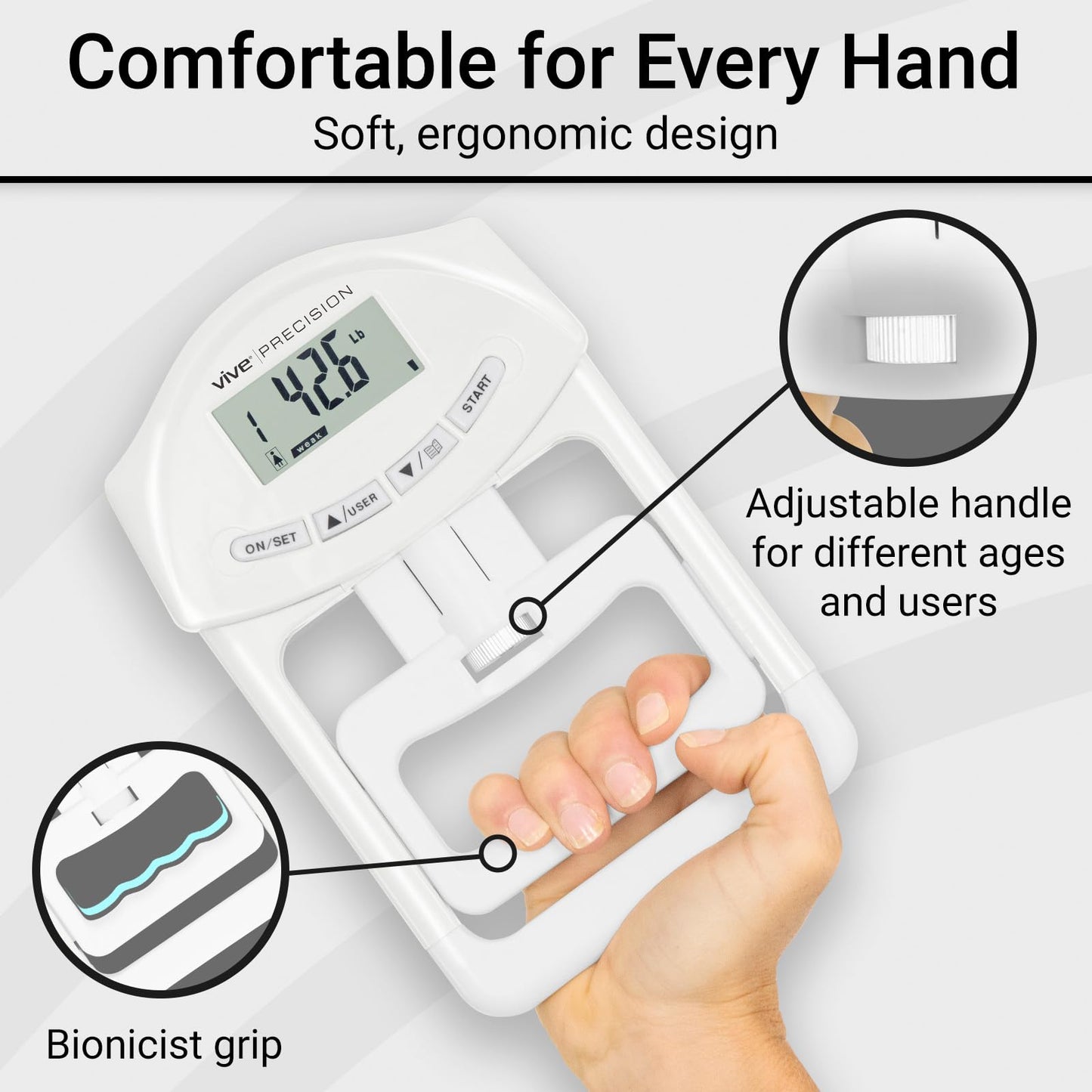 Vive Precision Grip Strength Tester - Hand Grip Dynamometer - Handheld Digital Grip Measurement Meter Device Trainer Power 198 Lbs / 90 Kgs - Strengthener Exerciser for Sports, School and Home Use