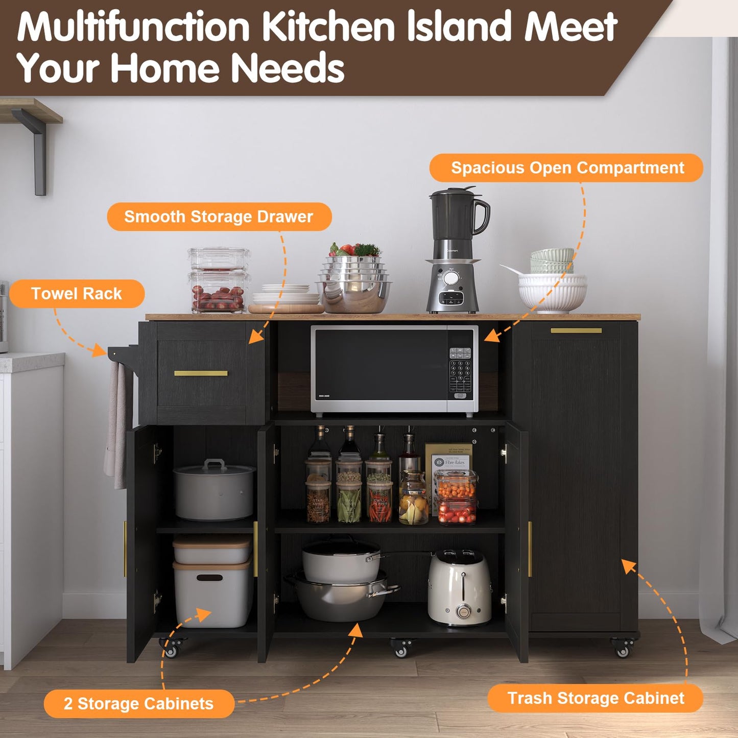 FFIQQ 59 Inch Large Mobile Kitchen Island Cart with Drop Leaf, 2 Cabinets, Drawer, Extra Counter Space & Trash Bin Storage, Rolling Portable Prep Table for Kitchen, Black, Particleboard