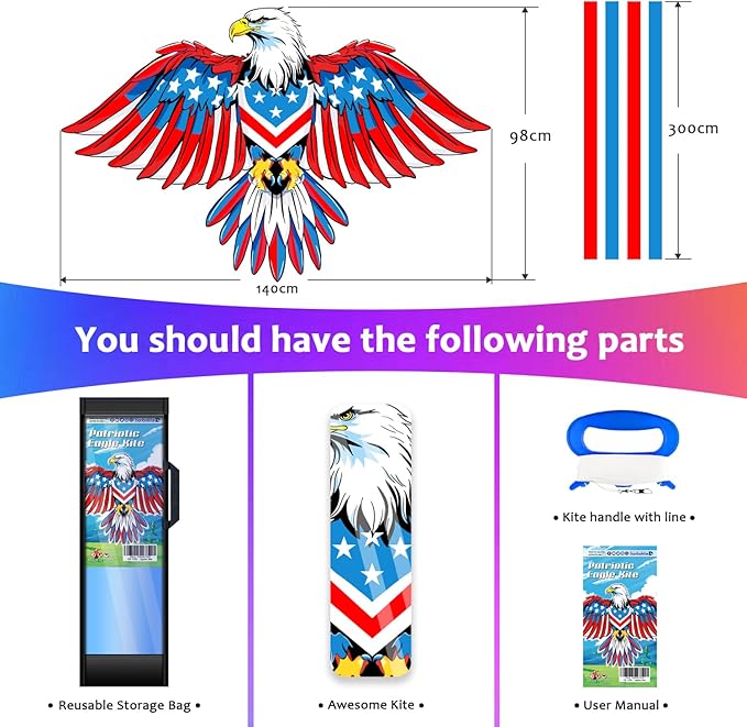 HONBO Eagle Kite, America Flag Kite for Kids and Adults. Wonderful Beginner Kite for Boys and Girls, Suitable for Ages 8-12, Best Single Line Kites Comes with 200ft String and Handle(Eagle)