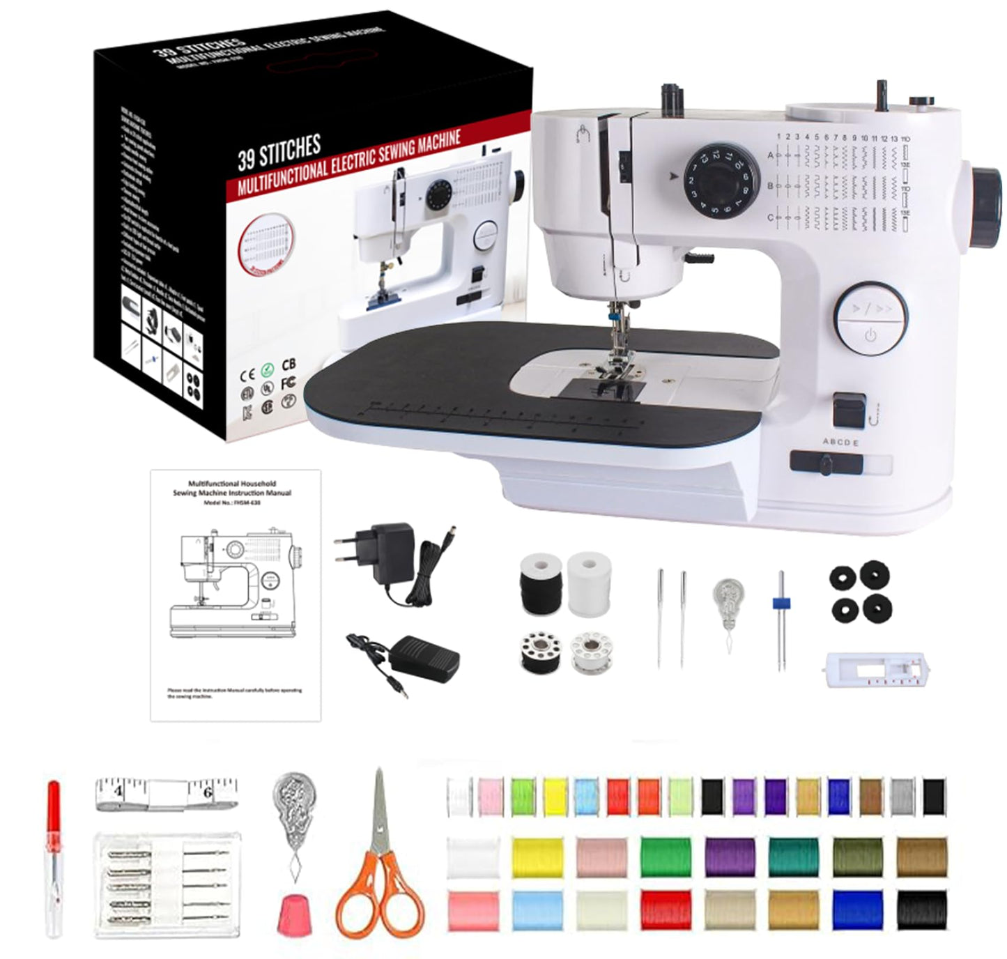 Sewing Machine with Extension Table, 39Stitch Patterns Built-In,withAccessory Kit, LED Light 2-Speed Foot Pedal, Sewing Machine for Beginners Great for Quilting, Crafts & Mending