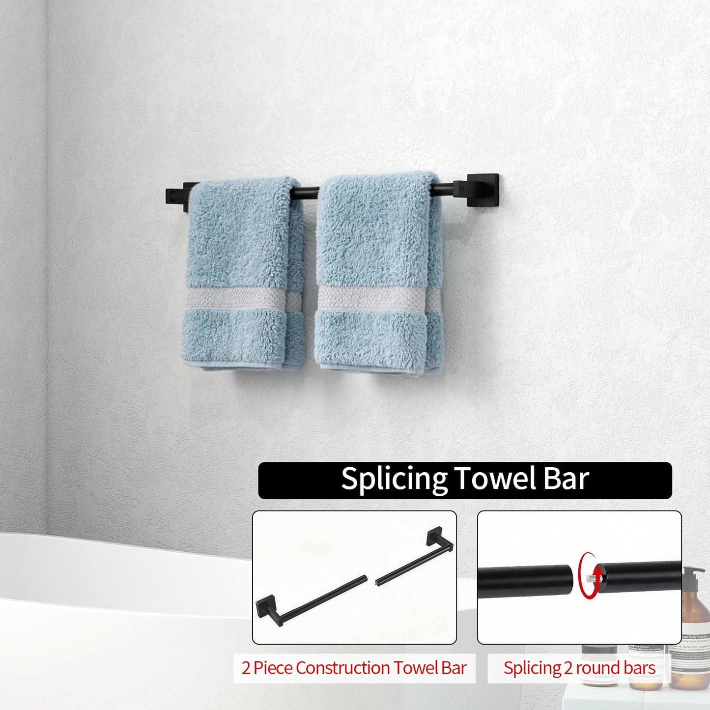 MKO Towel Bar for Bathroom, 24" Hand Towel Holder Rod with Metal, Black Towel Racks for Bathroom Hanger Wall Mounted for Home Essentials, 2 Pack