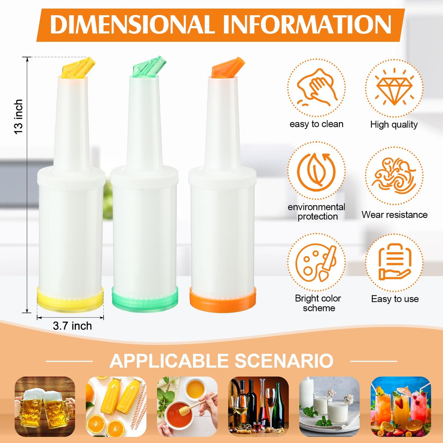 CHENGU 3 Pcs Bar Pour Colorful Juice Pouring Bottle Containers 34 oz Plastic Juice Dispensers for Bar Home Party Kitchen Supplies (Green,Yellow,Orange)