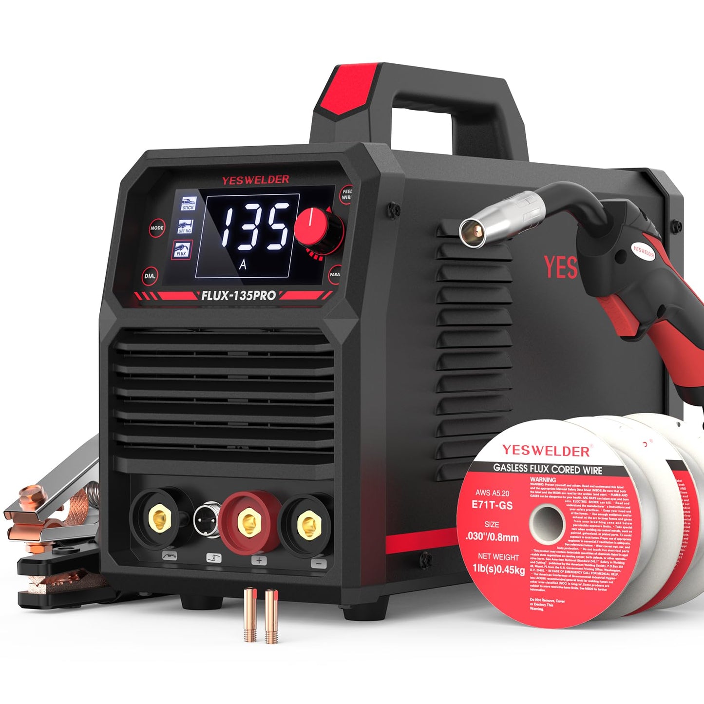 YESWELDER 135A MIG Welder, 110V Flux Core Gasless MIG/Lift TIG/Stick 3-in-1 Synergic Control LED Display Welding Machine, Bonus Flux Core Wire