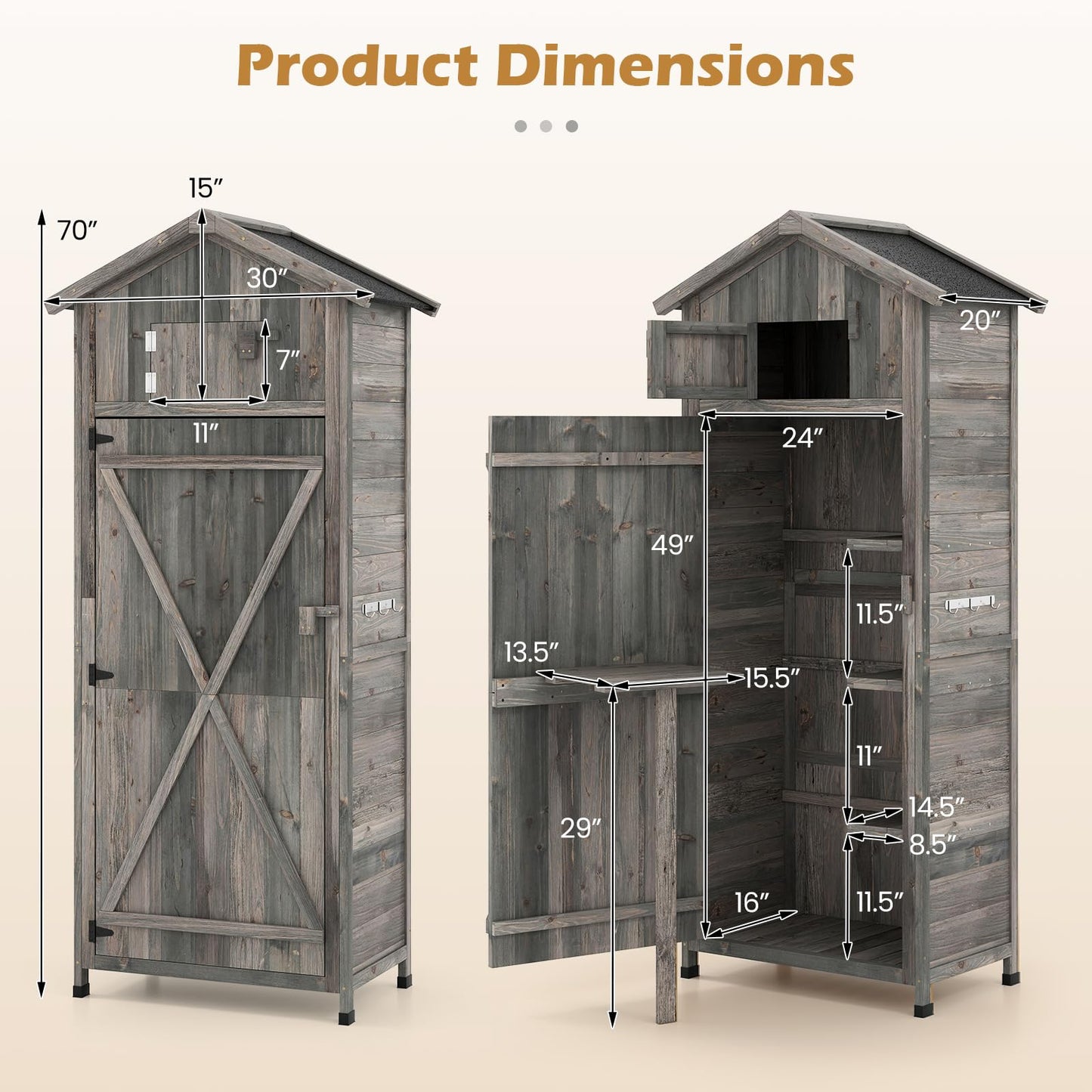 Goplus All-in-One Storage Shed, 70" Tall Wooden Lockable Cabinet w/Foldable Work Table, Vertical Utility Tool Organizer w/Shelves & Hooks, Waterproof Garden Shed for Patio Backyard (Gray)