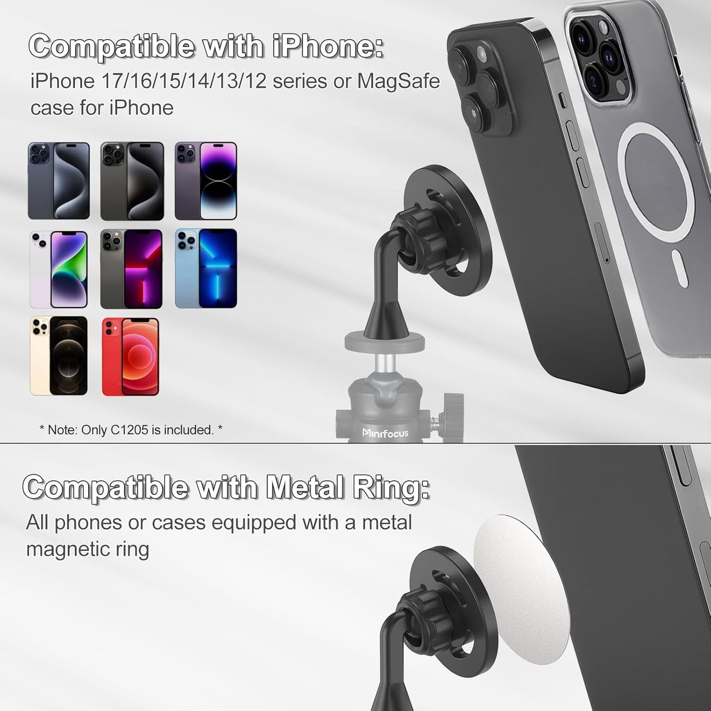 MINIFOCUS 1/4"-20 17/16/15/14/13 Magnetic Phone Tripod Mount Adapter with Screw Hole, Compatible with Magsafe