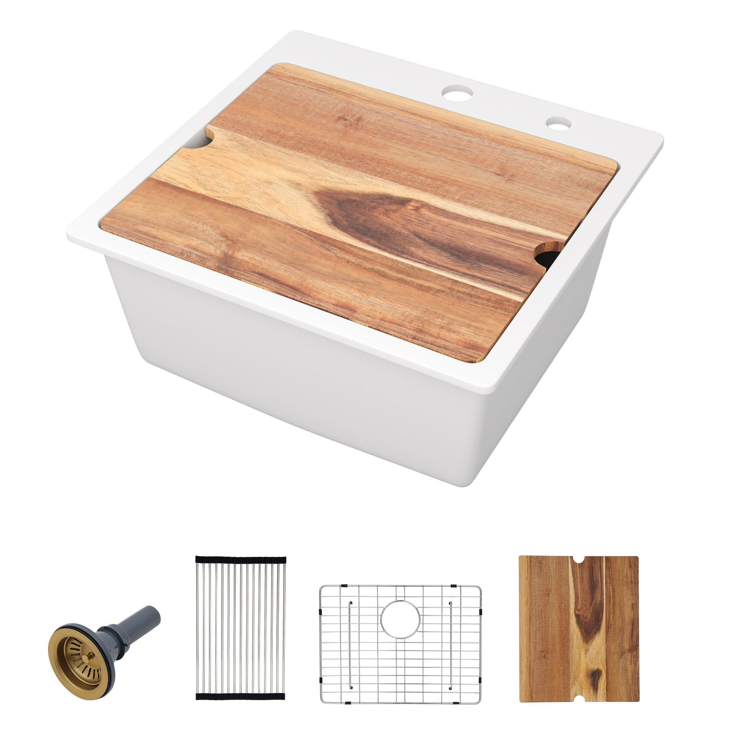 Fulorni 21"×20" Drop In Wet Bar Sink Workstation - White Granite Composite Quartz Classic Top Mount Single Bowl Outdoor Kitchen Bar Prep RV Sink Basin
