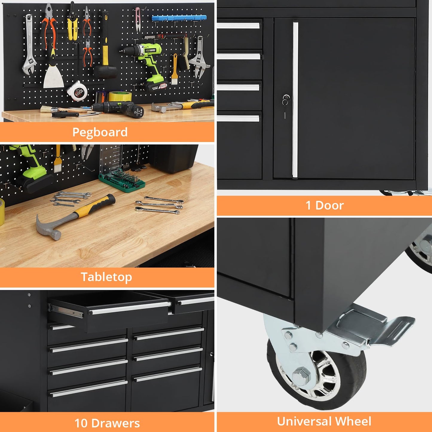 ActiveTrail 61" Tool Cabinet with Wheels, 10 Drawers Rolling Tool Chest, Heavy Duty Storage Workbench with Power Strip, Solid Rubber Wood Top, 1675 LBS Capacity, Mobile Tool Box for Garage, Shop