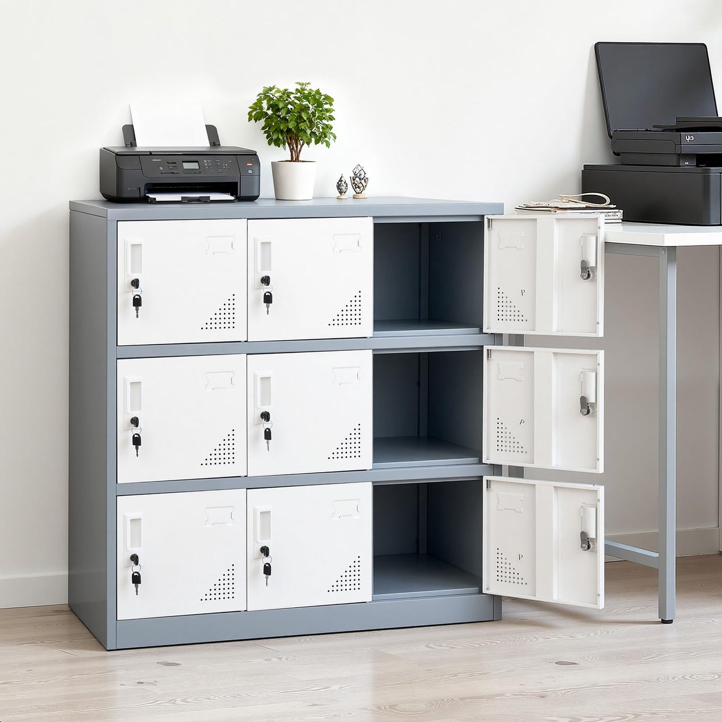 VEVOR 9 Doors Metal Locker for Employees, Steel Locking Storage Cabinet with Card Slot and Ventilation, 2 Keys for Each Door, Employee Lockers for Office, School, Gym, Home, Easy Assembly, Gray