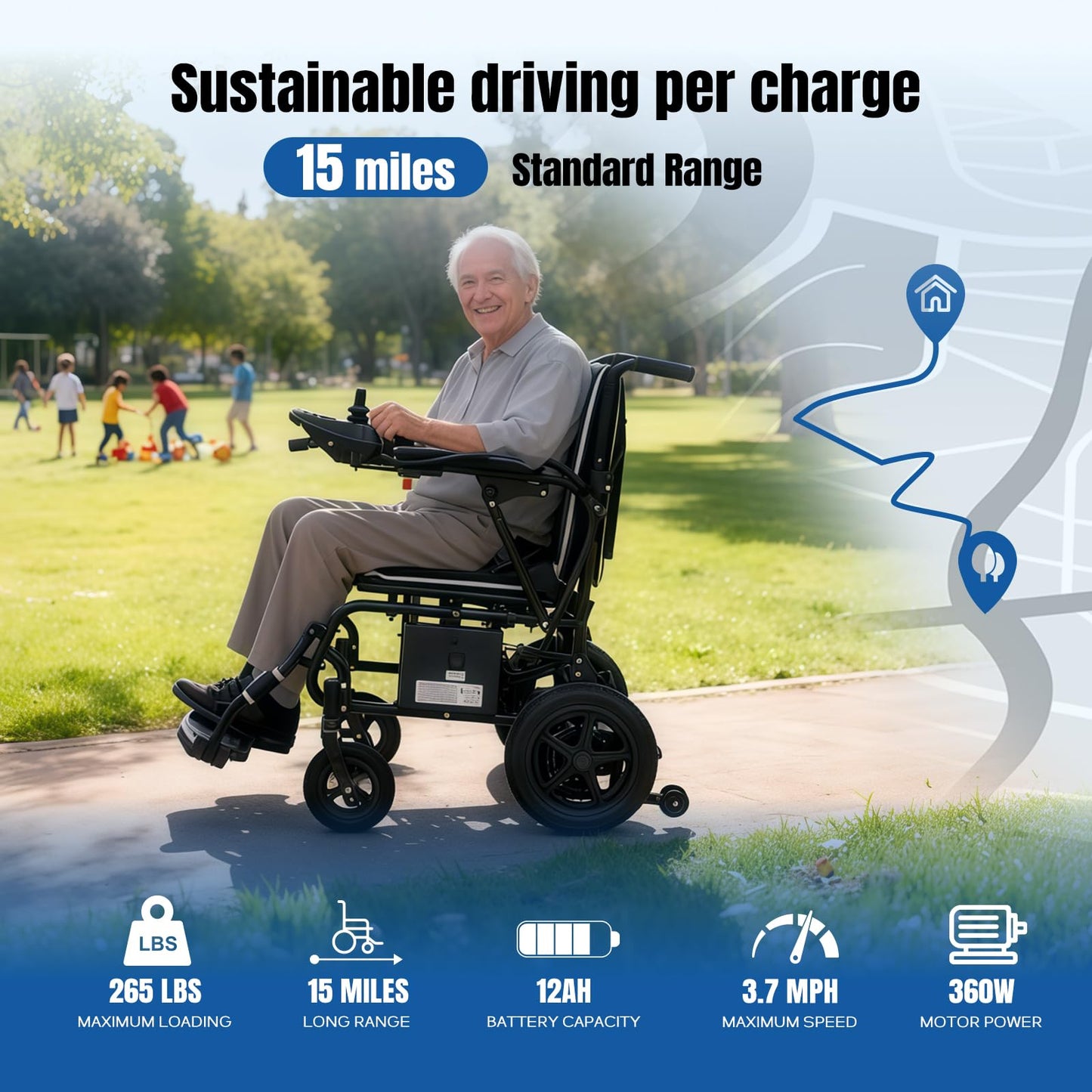 ROBTWOK Ultralight Electric Wheelchair for Adults & Seniors - 36lbs Foldable Power Wheelchair with 15-Mile Long Range, All-Terrain, SOS Button & LED Light, 265lbs Capacity, Airline Approved (Black)