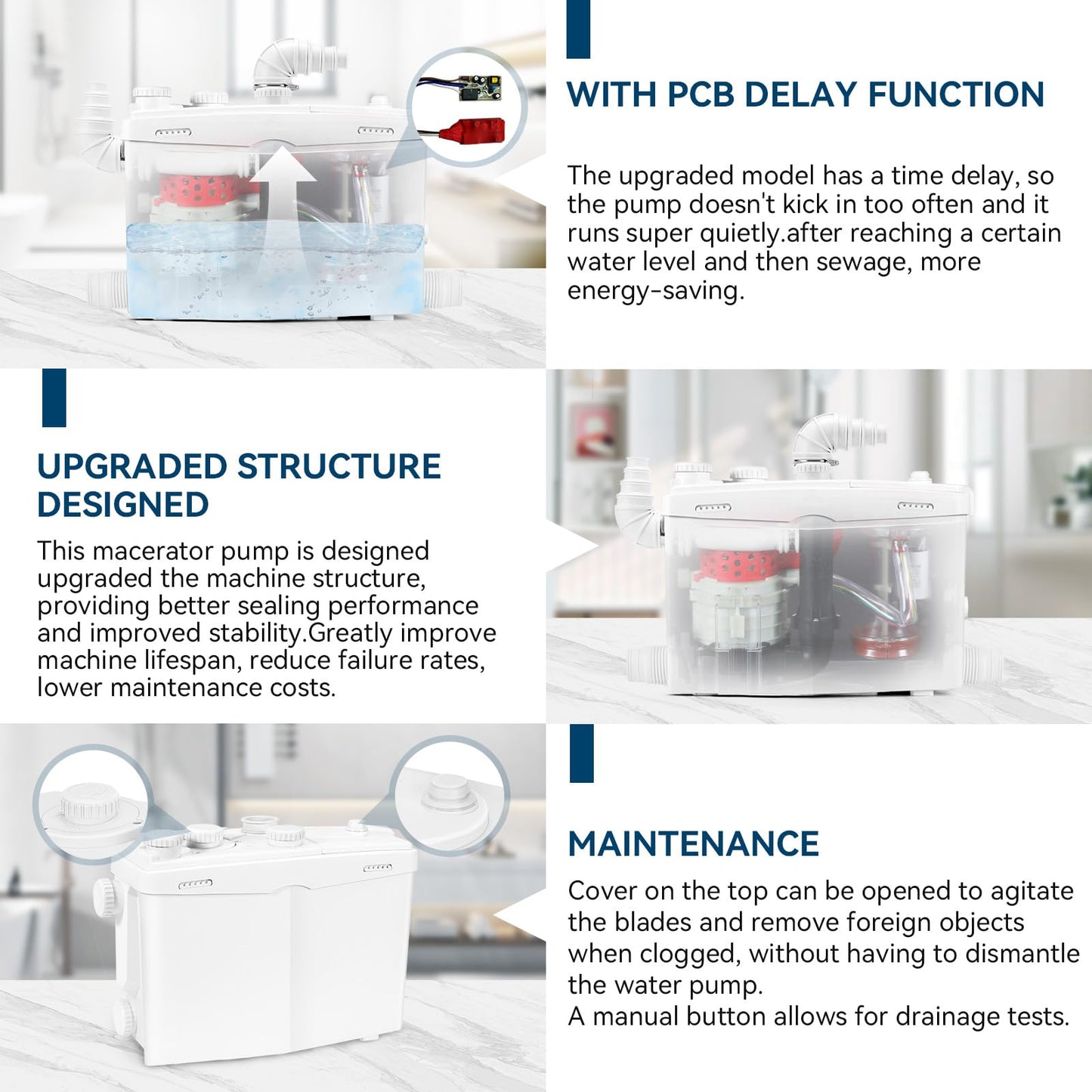 1200W Utility Sink Pump with Blade PCB Function Under Sink Pump Upflush to 39.4FT 2800GPH with 4 Water Inlets 2 Outlets Macerating Toilet System for Sink Shower Washing Machine Kitchen Basement