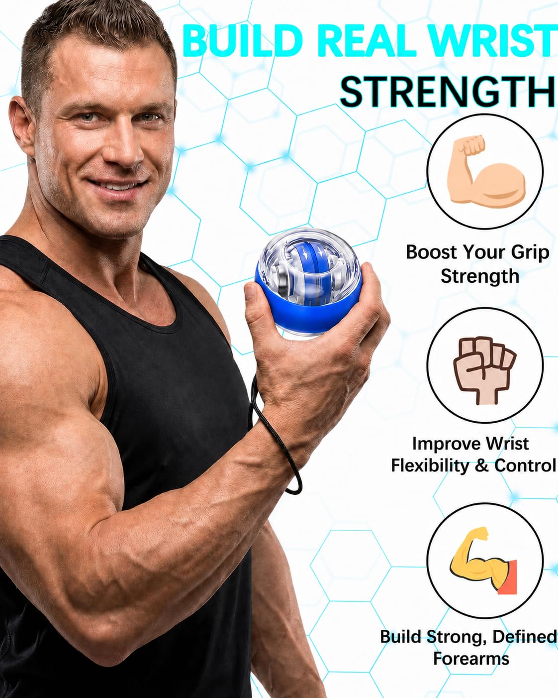 Torque Ball, Wrist Trainer Ball 2026 Upgraded, Auto-Start Gyro Ball, Wrist & Forearm Strengthener with LED Light, Smooth Silent Rotation, Portable Trainer for Fitness, Grip Strength Training-blue