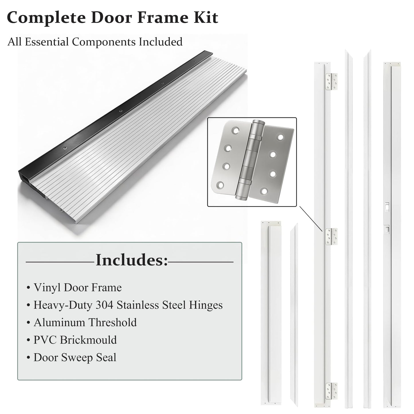 Fiberglass Exterior Front Door 36x80in, Left-Hand Inswing 4-Lite Frosted Glass White Primed Knock-Down French Entry Door with Vinyl Frame and Brickmould