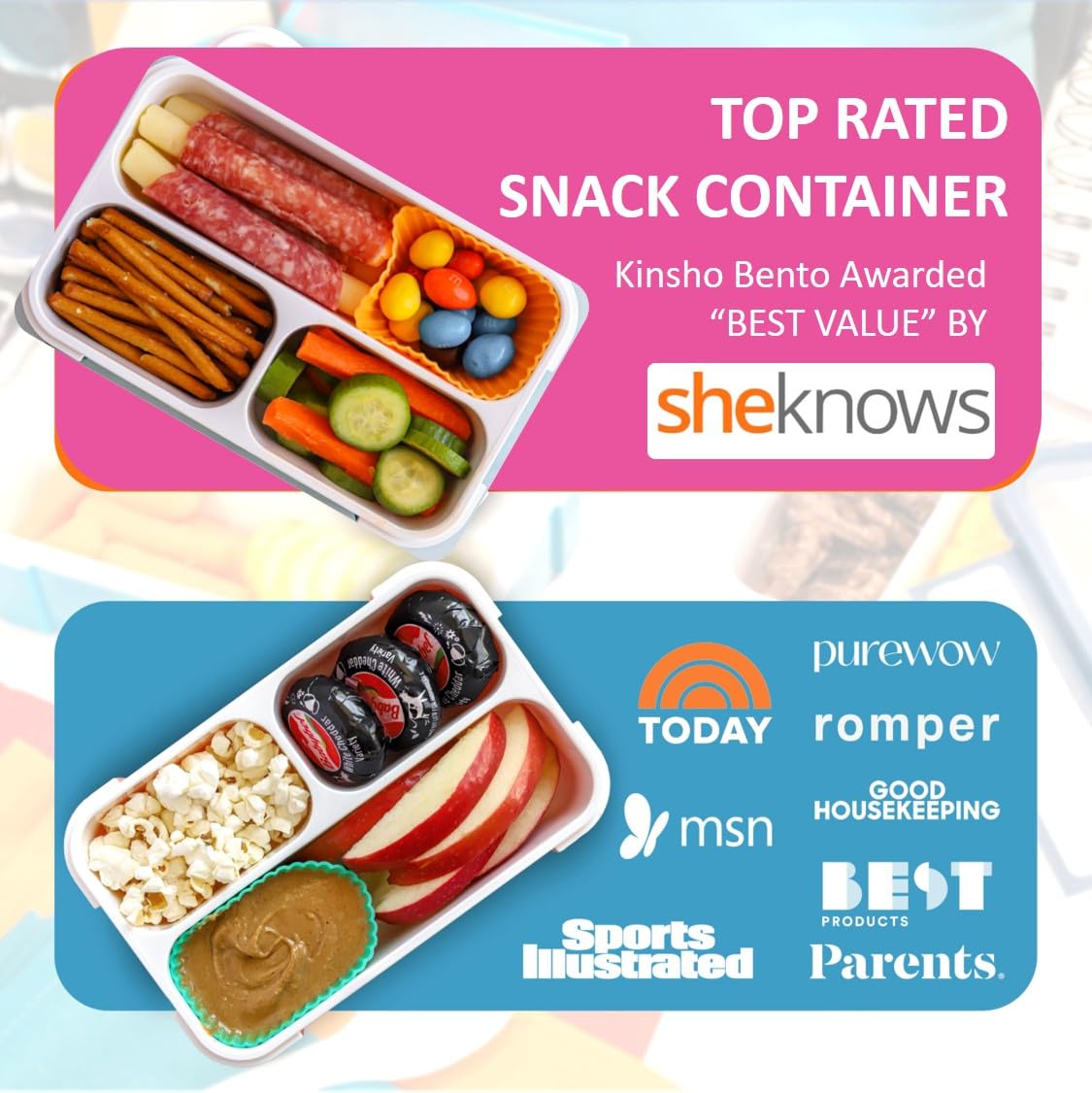 Small Snack Containers for Kids Toddlers - 3 Compartments (Set of 2) - Leak-Proof Reusable Boxes with Lids -BPA-Free Plastic Mini Bento Lunch Box - Ideal for School, Daycare - Holds 2 Cups (Pink+Blue)