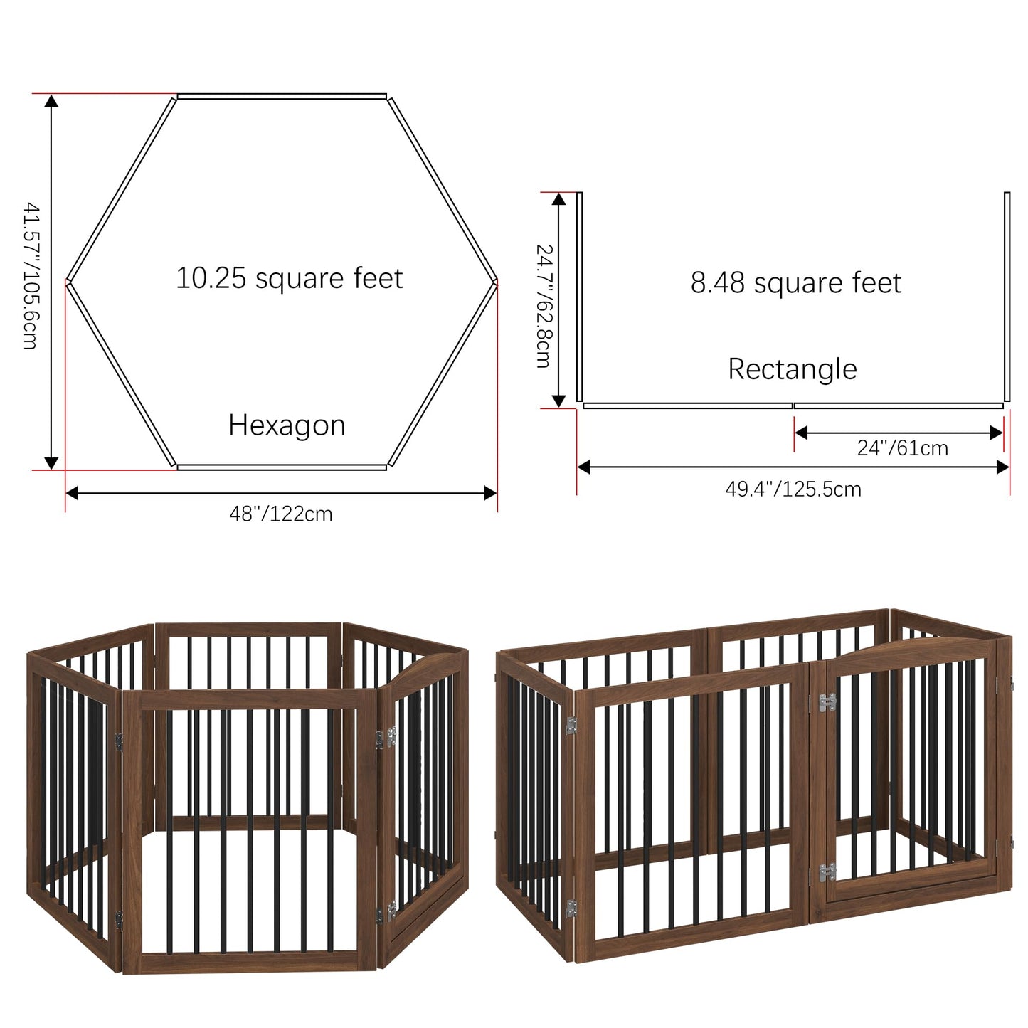 Vantas Folding Pet Gate 144" Wide, 30" Tall No-Assembly Wooden Dog Gate with Door Walk Through, Freestanding Puppy Safety Fence, with 2PCS Support - Brown