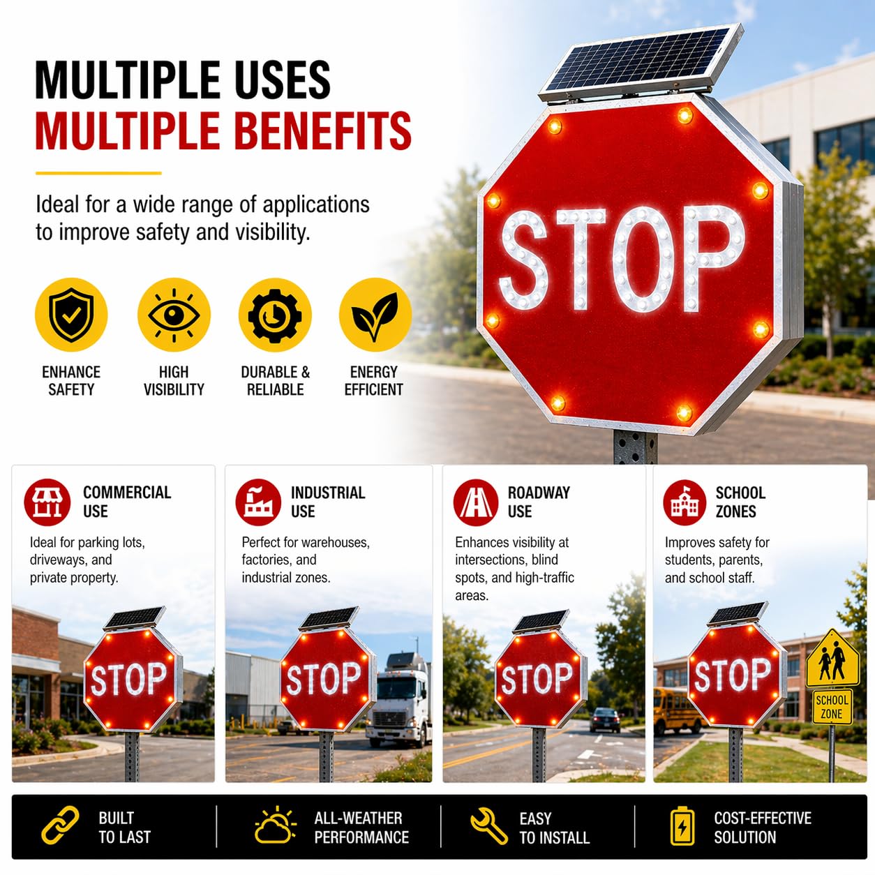 GAJTTR 30in Solar Powered LED Flashing Stop Sign, MUTCD Compliant Traffic Stop Sign with 44 Blinking LEDs,Engineer Grade Reflective Film, Heavy Duty Aluminum Metal Frame Blinking Road Warning Sign for Construction Area,School,Community,Farm Road (Red)