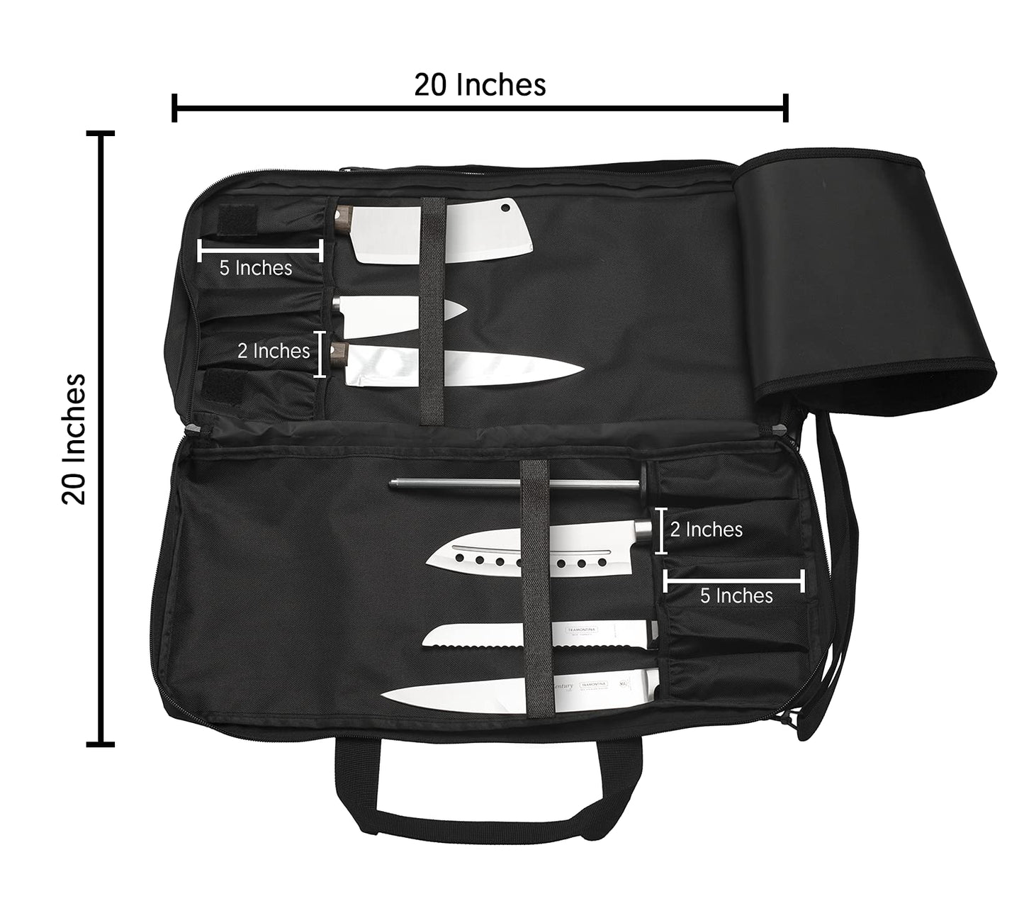 EVERPRIDE Chef Knife Bag Holds 20 Knives PLUS Large Zippered Compartment for Kitchen Tools – Durable, Large Knife Bag for Chefs – Knives Not Included