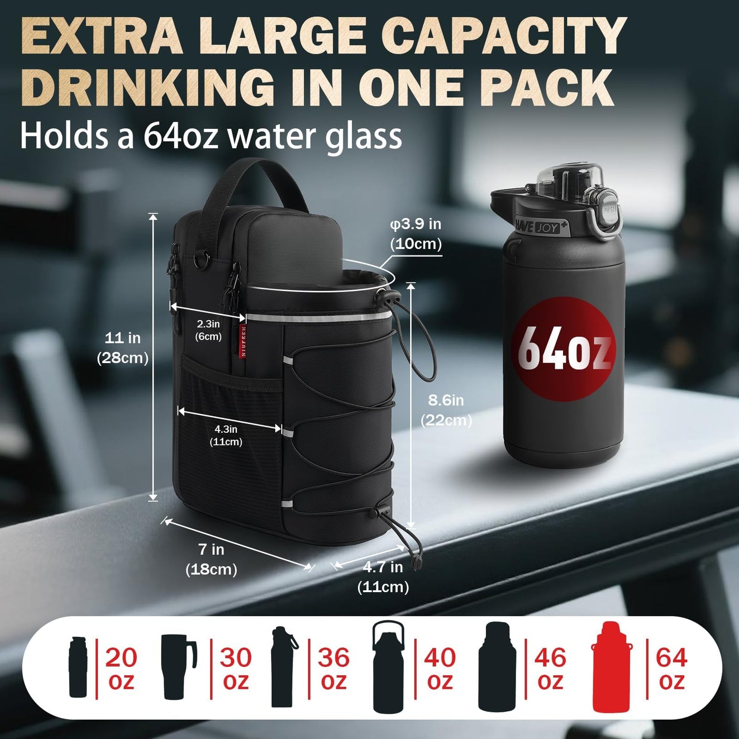 Magnetic Gym Bag 25-64oz Water Bottle Holder with 4 Strong Magnets, Crossbody Sling Water Bottle Carrier with Phone Pocket for Men Women, Gym Accessories for Workout Fitness Hiking Travel Camping