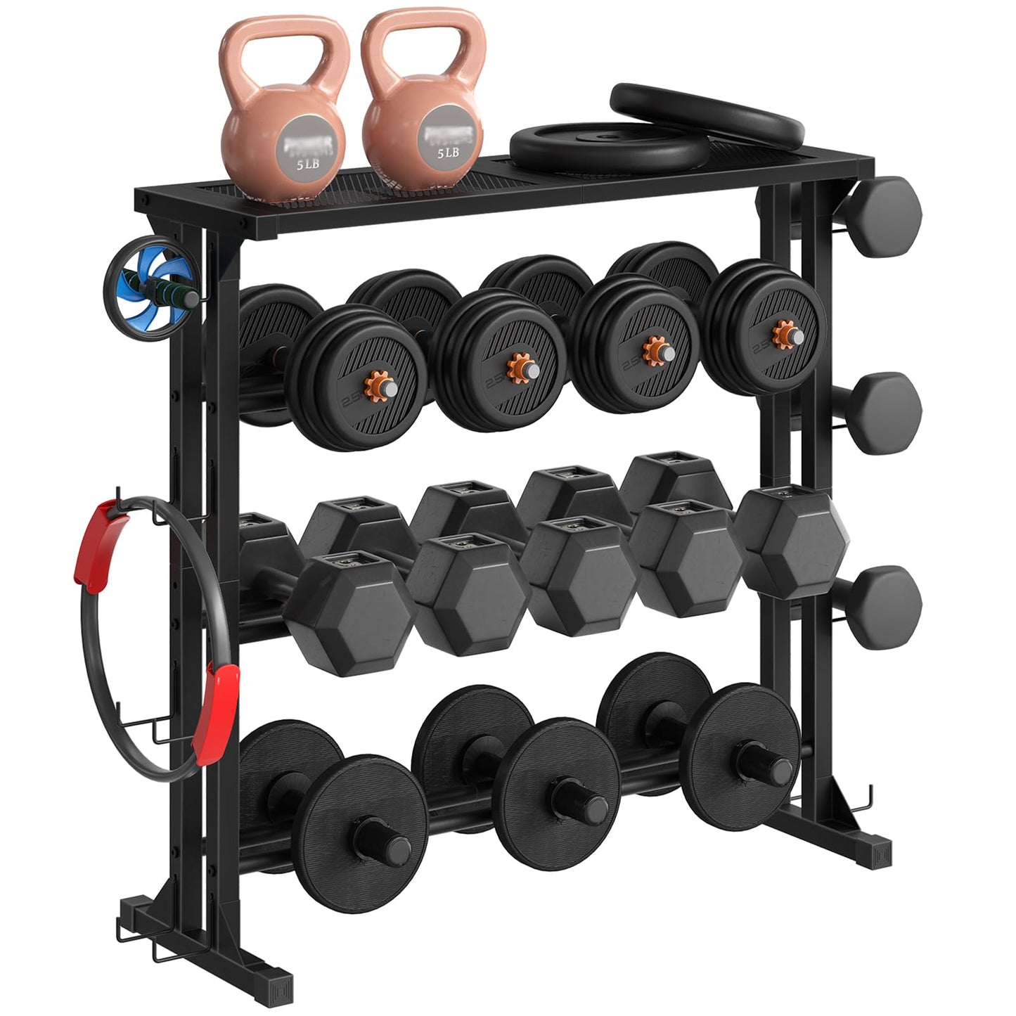 HOOBRO Dumbbell Rack - 4 Tiers Weight Rack for Home Gym, Heavy Duty Weight Storage Racks for Dumbells, Kettlebells, Barbells, Space-Saving Dumbbell Storage Stand Holder with Side Hooks, Black BK87CJ01N1