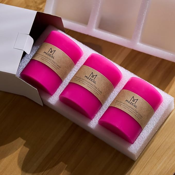 MOZEAL 3" x 4" Hand-Poured Unscented Hot Pink Candle, Dripless Fuchsia Pillar Candle Set of 3, Long Clean Burning, Approx 72 Hours Burn Time, Rustic Country Style, Home Decor