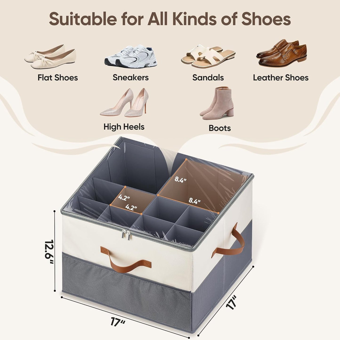 Regine Switzerland Shoe Organizer - 2 Pack Adjustable Storage Containers for 16-32 Pairs | Beige & Grey