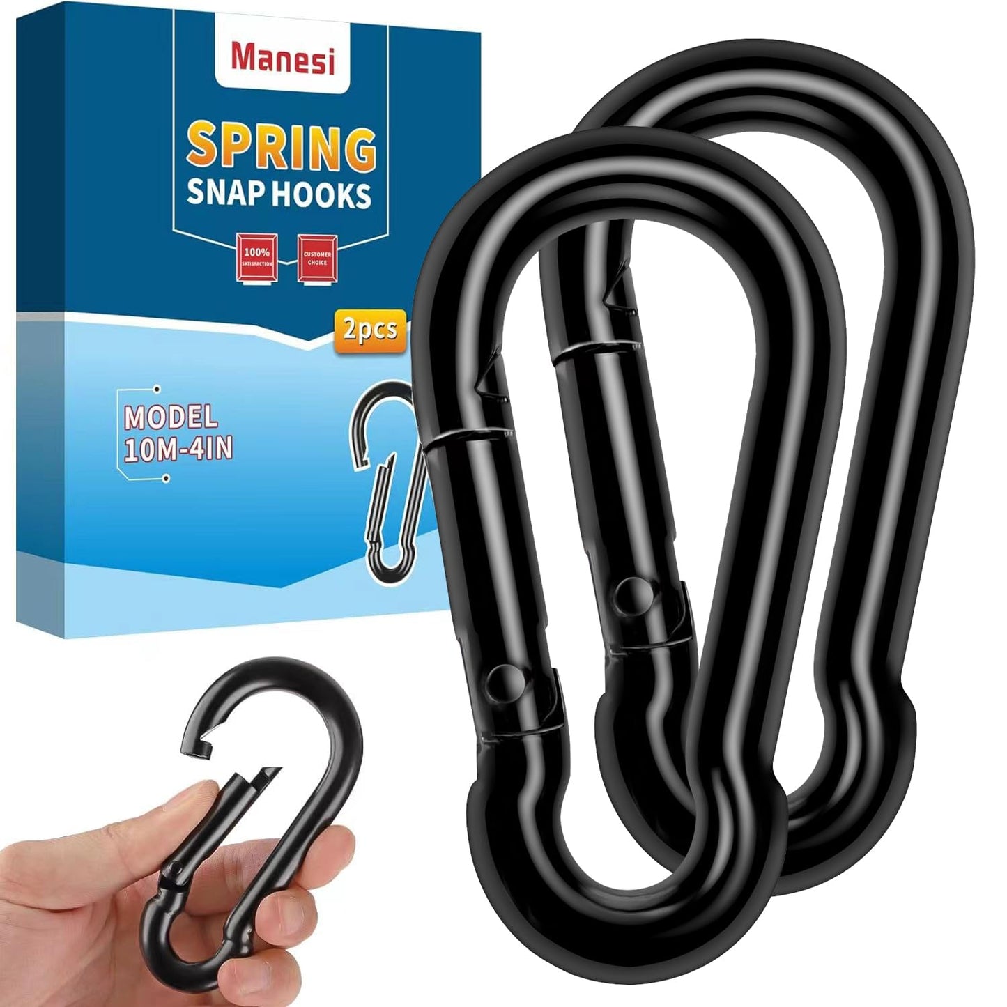 2 Pack Black Carbon Steel Carabiner Clip, 4 inch Heavy Duty Spring Snap Hook, Carabiner Clips for Outdoor Camping, Swing, Hammock, Fishing, Weight Lifting Machine