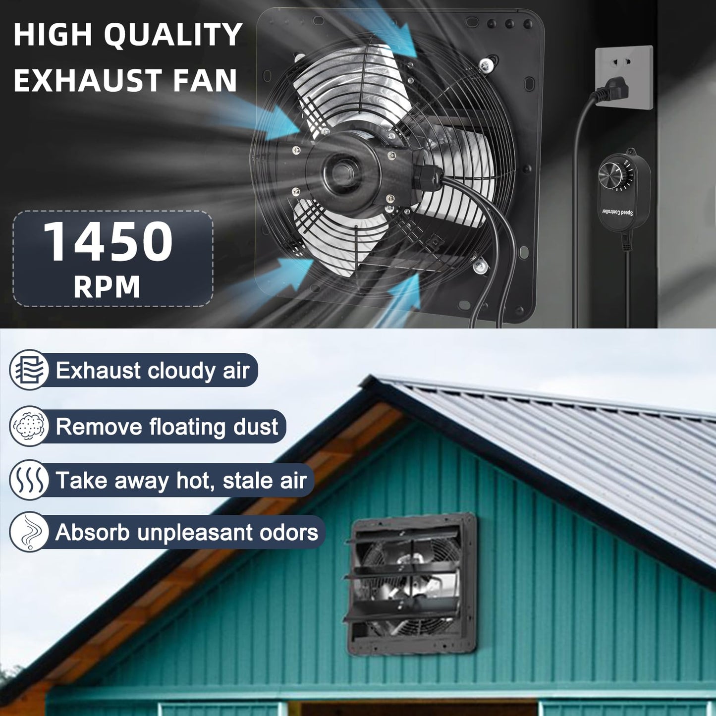 Criditpid 14 Inch Shutter Exhaust Fan with Speed Controller, 1088 CFM High Speed Vent Fan with Adjustable Thermostat, 1700 RPM Wall Mounted Kitchen Exhaust Fan for Attic, Garage, Gable Ventilation.
