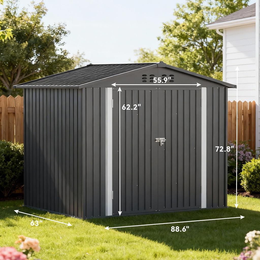COMHOMA Shed Storage Outdoor Metal Windowed Lockable Weatherproof Ventilated Backyard Garden Utility Workshop(Grey,8'*6')