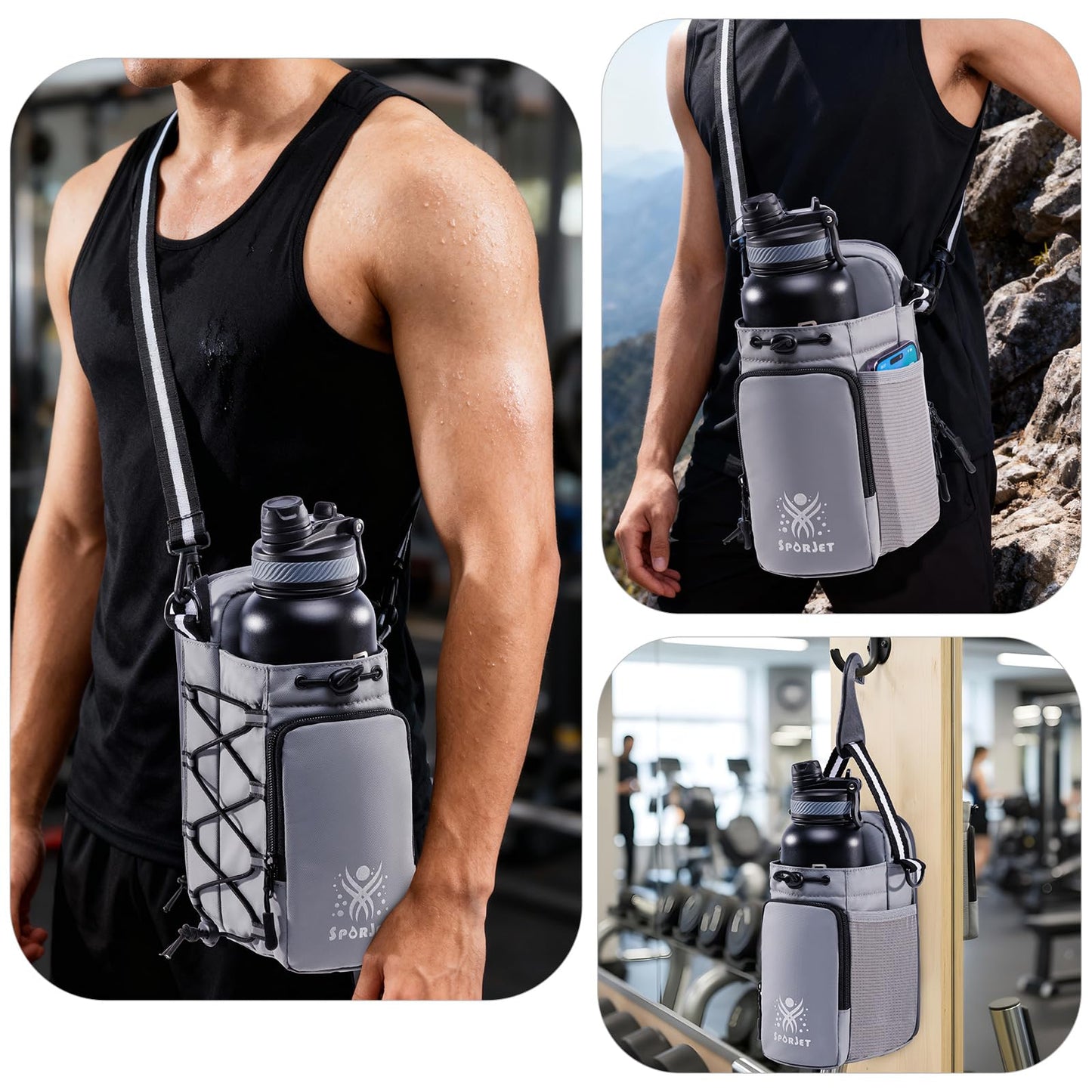 SPORJET Magnetic Gym Bag for Water Bottle – Fits Up to 46oz, Sling Water Bottle Holder with Strap & Phone Pocket, Magnetic Workout Bag for Gym, Fitness, Outdoor, Men & Women
