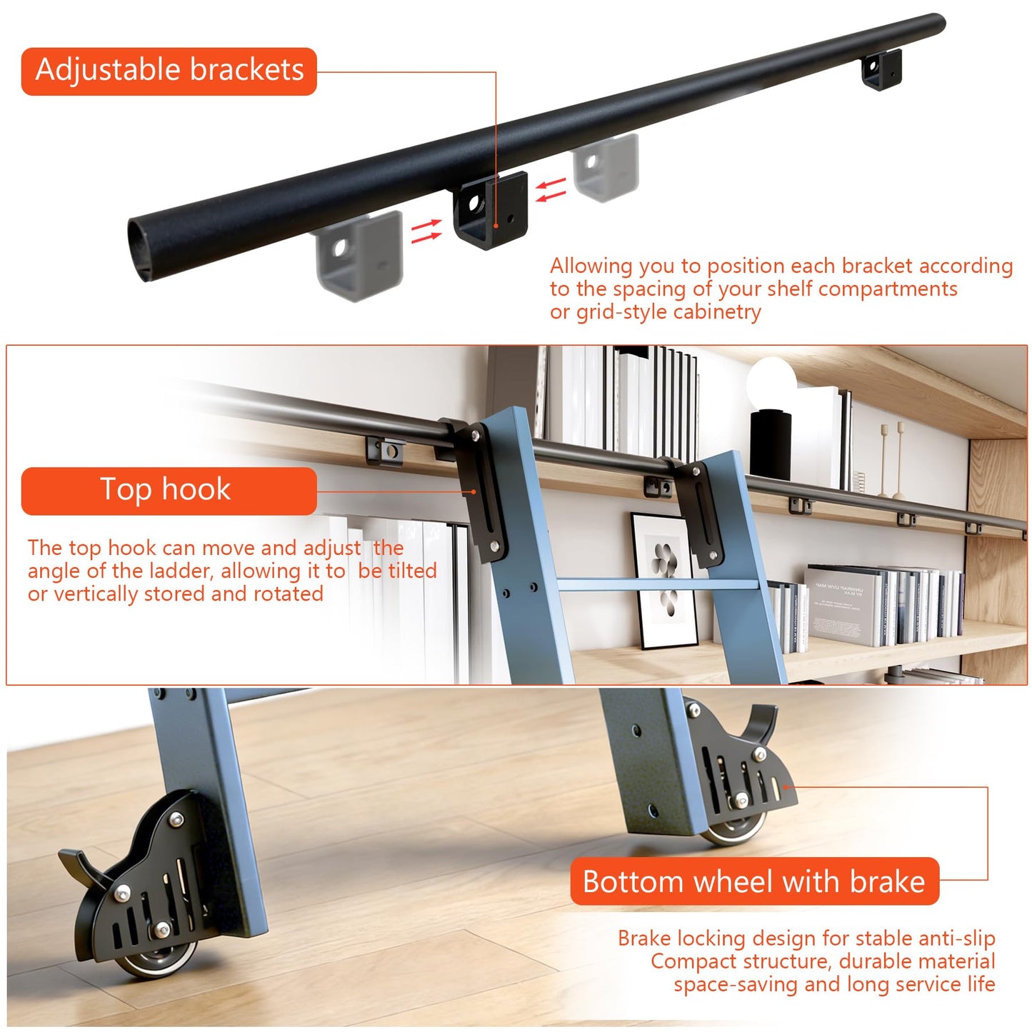 DIYHD 87" Sliding Library Ladder with 7 Steps, Telescopic Top Hook, Lightweight Rolling Ladder with Upright Space-Saving Storage, Kit with 4FT Sliding Rail, Bottom Rollers, 300lbs Capacity, Blue