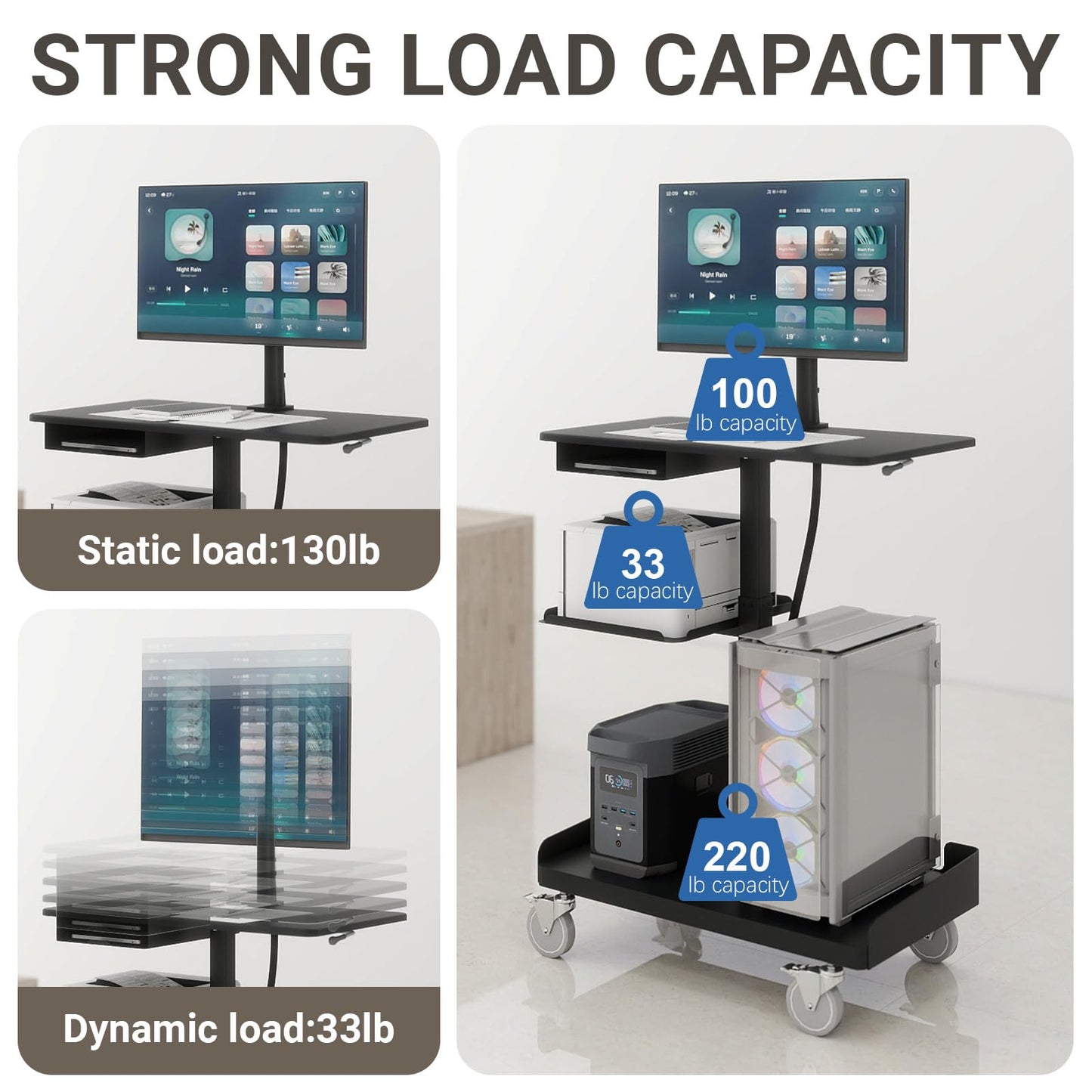 Natwind Mobile Workstation Cart with Monitor Mount, Height Adjustable Rolling Computer Desk with Cable Management Tidy, Heavy-Duty Standing Desk with CPU Holder for Office, School, Medical, Workshop