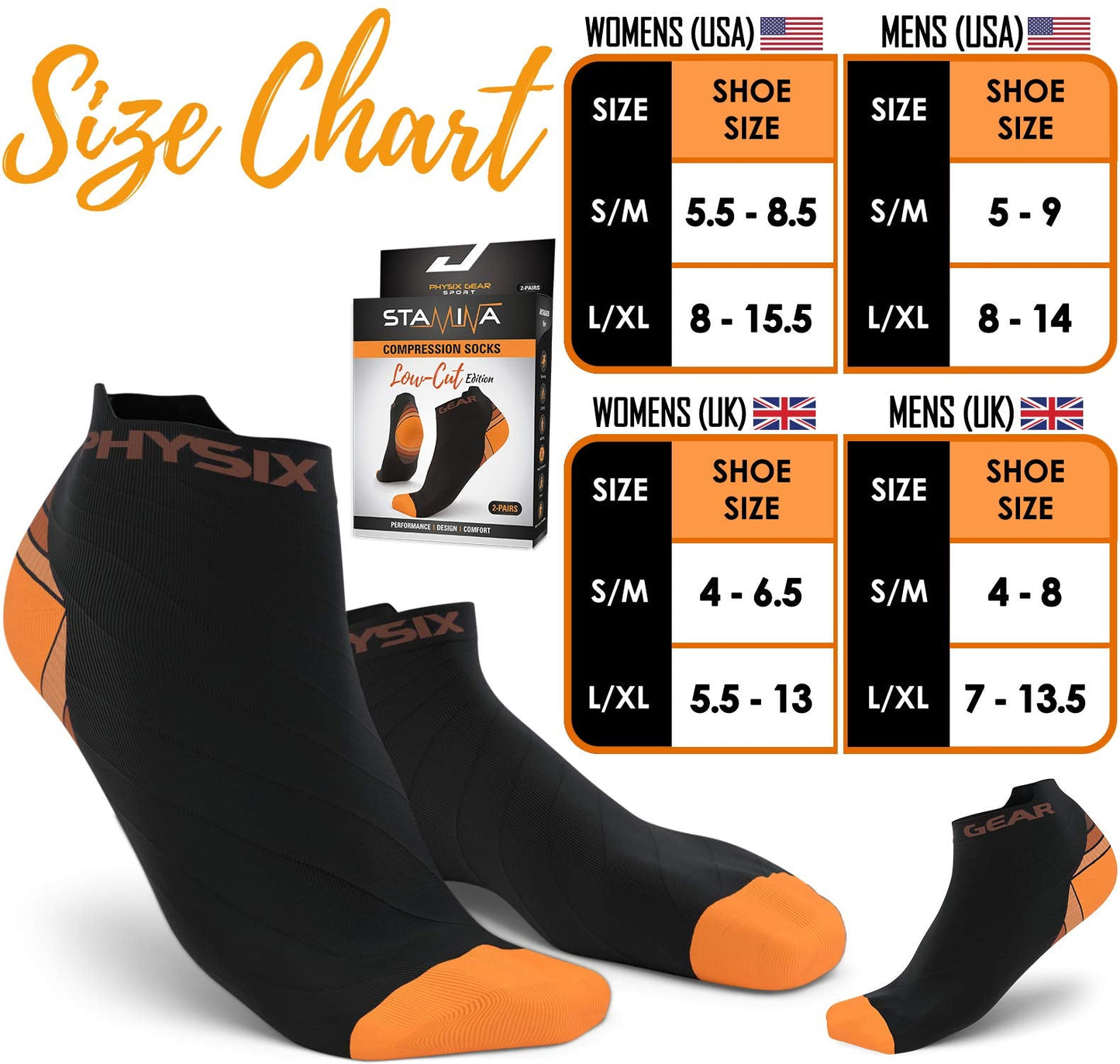 Physix Gear Short Compression Socks for Men & Women - Best Low Compression Socks Women & Men with Arch Support, Ideal for Running, Plantar Fasciitis Comfort, and Swelling - Ankle, Black/Orange, S/M