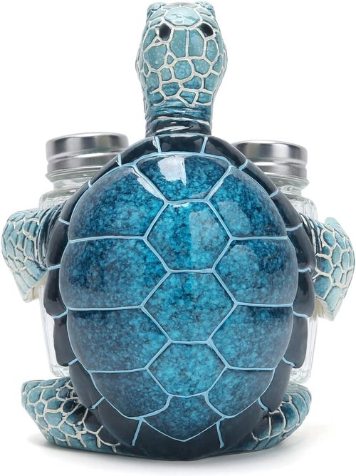 Decorative Blue Sea Turtle Salt and Pepper Shaker Holder, Coastal Kitchen Decor (Blueturtle)