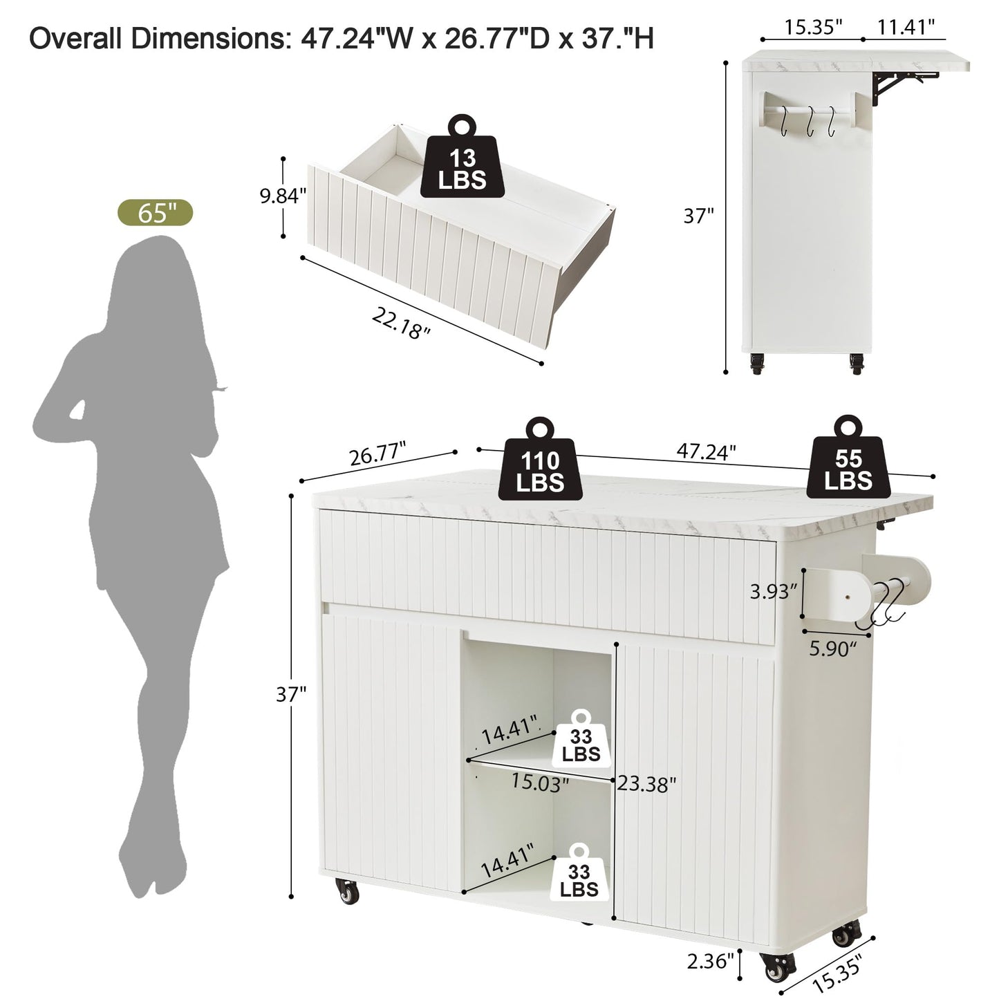 weselon 47" Mobile Kitchen Island with Storage & Drop Leaf, Rolling Kitchen Cart on Wheels with 2 Drawers, Adjustable Shelves, Towel Rack & Hooks, Faux Marble Top Island Table for Kitchen (White)