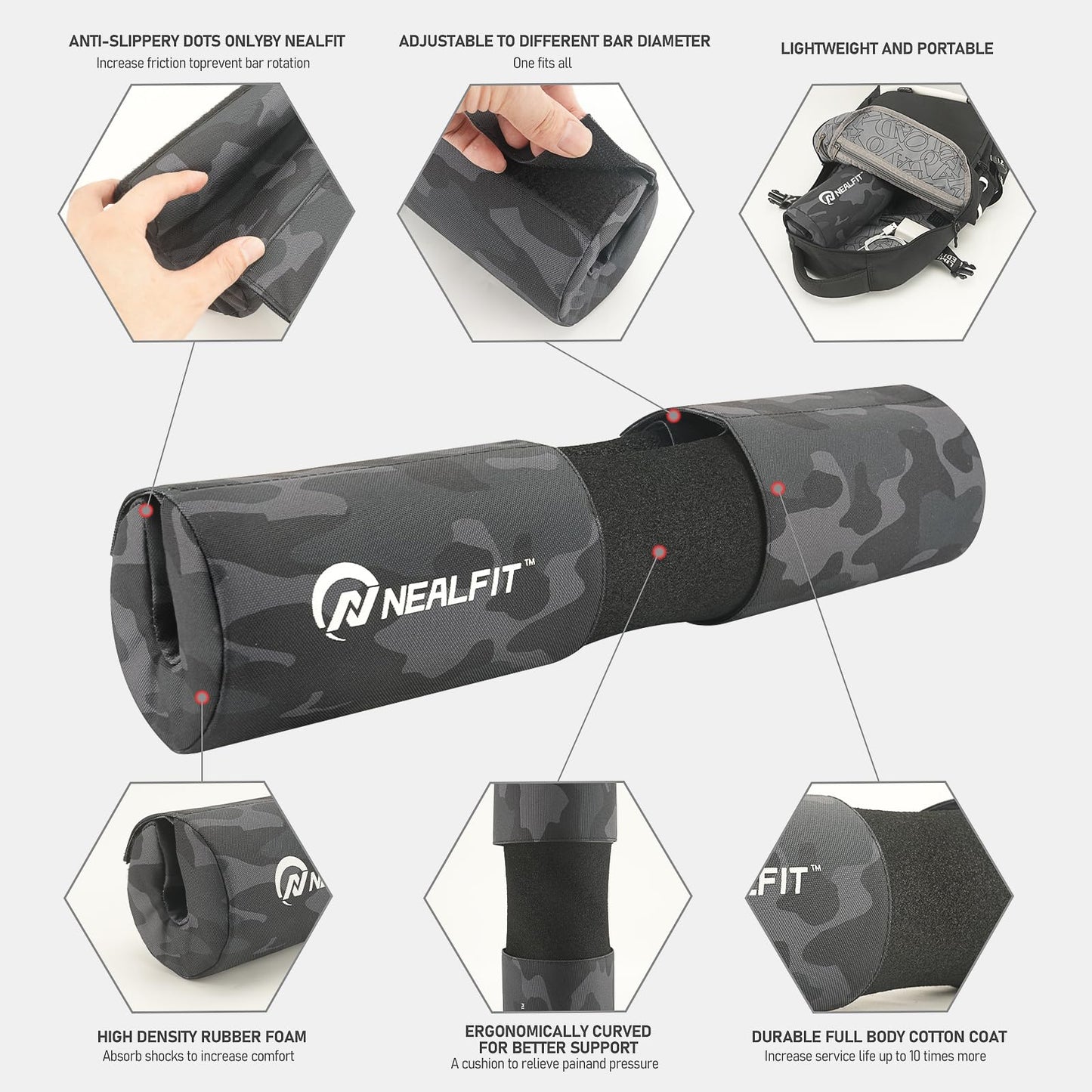 NEALFIT Barbell Squat Pad with Thick Nylon Padding, Hip Thrust Pad for Squats, Lunges, Neck Shoulder Squat Pad for Olympic or Standard Bars (Camo)
