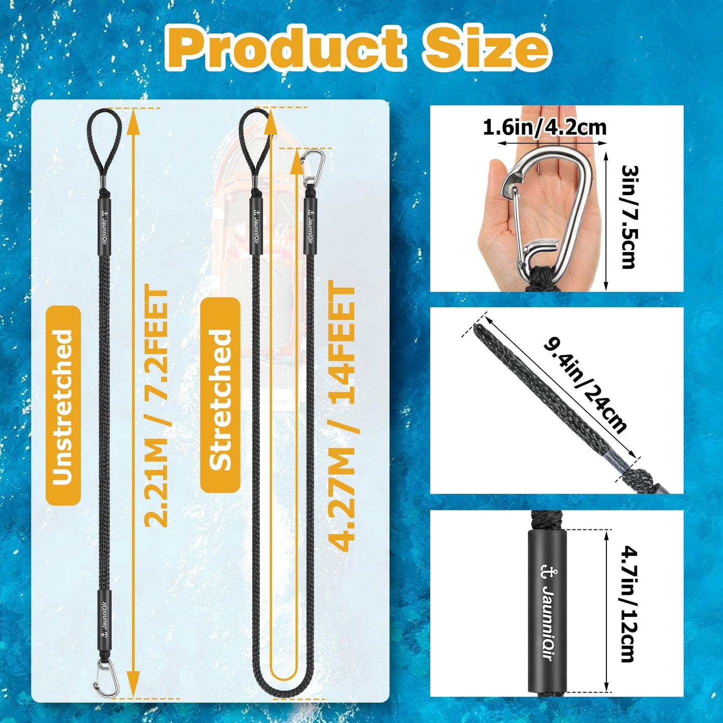 JaunniQir Bungee Dock Lines for Boats 7.2 Feet, 2 Pack Dock Lines with 316 Stainless Clips for PWC, Jet Ski, Kayak, Watercraft, Pontoon, Shock Absorbing Tie Off Downs Boat Mooring Ropes Accessories