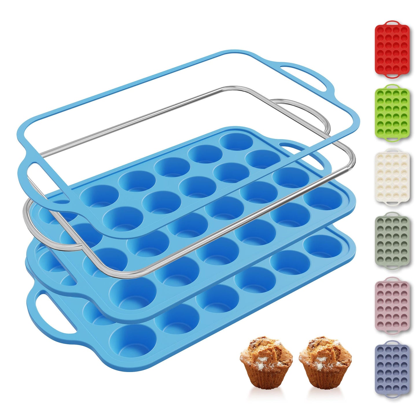 2 Packs 24 Cups Silicone Muffin Pan with Metal Reinforced Frame Mini Size Cupcake Pan Tray Egg Bites Silicone Circle Cookie Molds Muffin Tin Tart Pans Baking Sheet Set for Breakfast Sandwiches