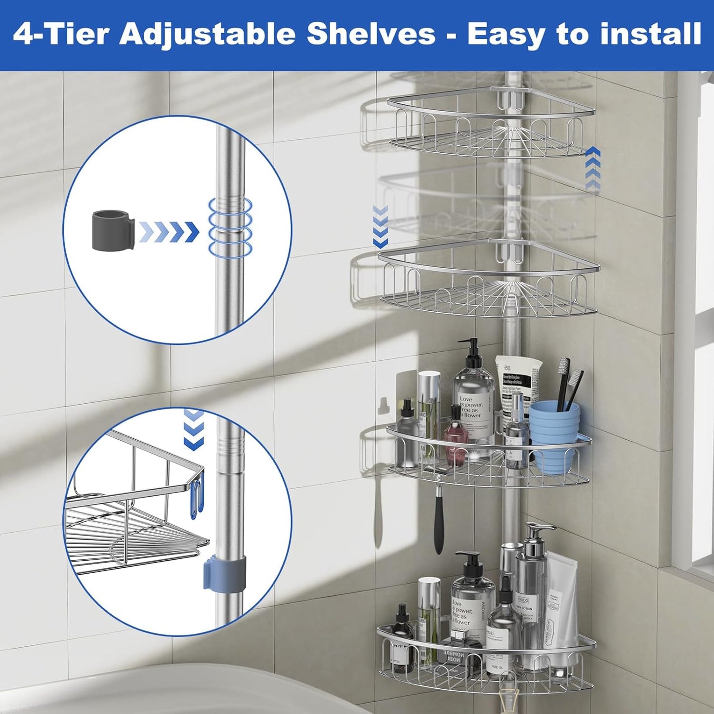 Skiennix Corner Shower Caddy - Aluminum Tension Pole Organizer with 4 Adjustable Rustproof Shelves | 47-121 Inch, No Drilling, Quick Installation