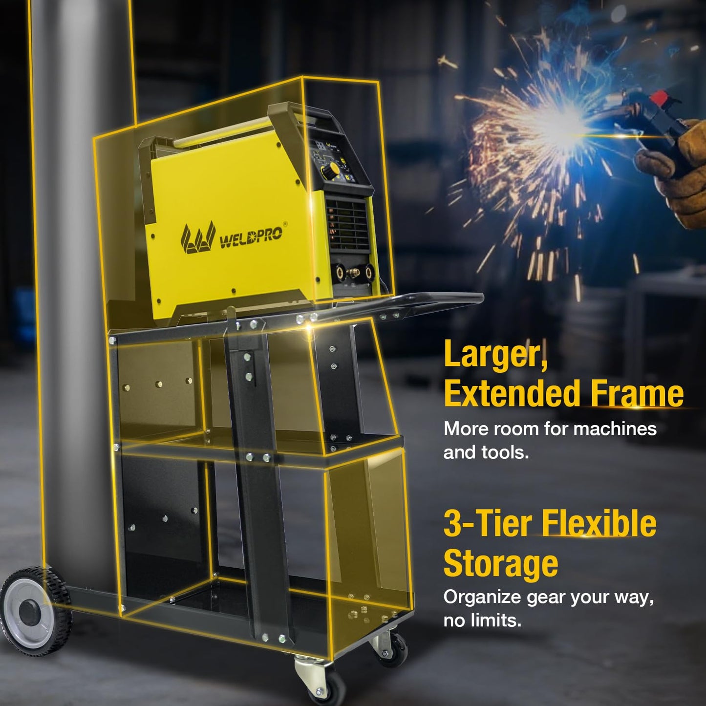 Weldpro 3-Tier Heavy Duty Welding Cart, Welder Cart for MIG/TIG Welder & Plasma Cutter, 400Lbs Capacity Rolling Welding Trolley with 360°Swivel Wheels & Safety Chains