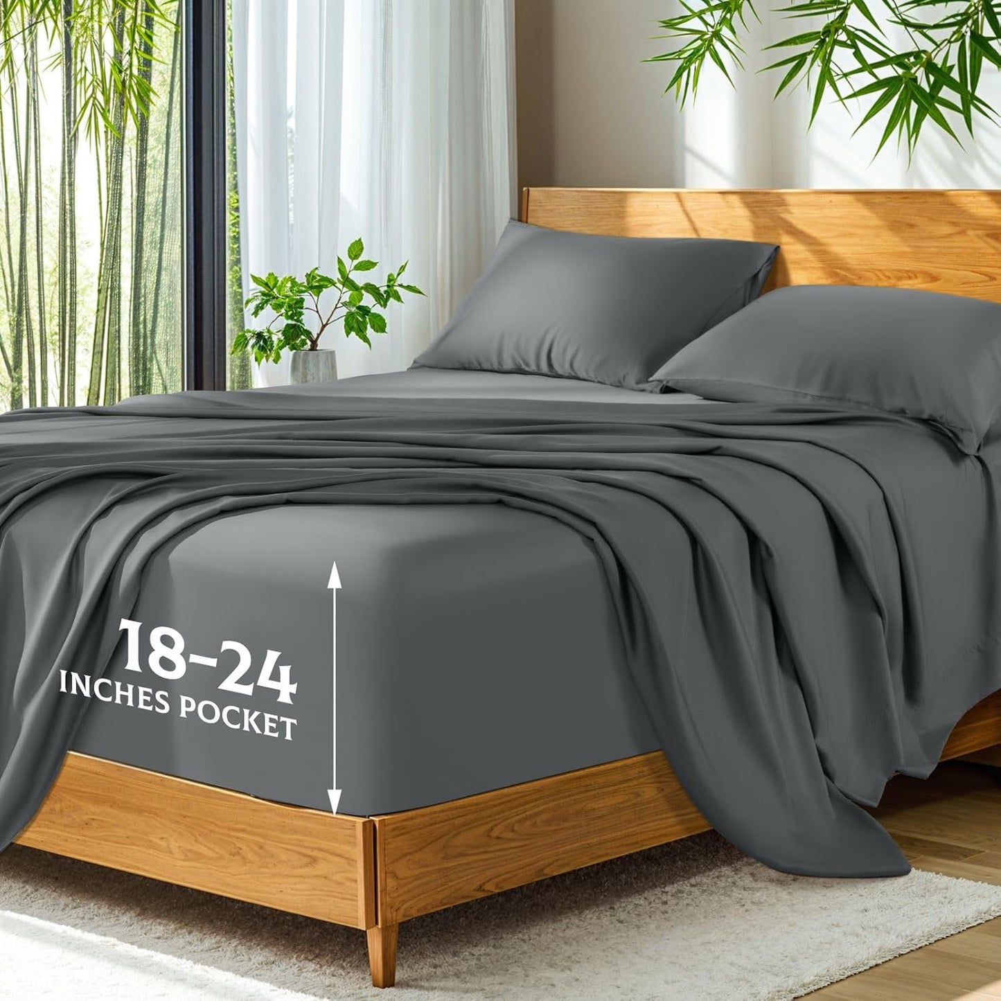 SONORO KATE Bamboo Viscose Bed Sheets - Ultra Soft & Cooling, Extra Deep Pocket (Dark Grey, Queen)