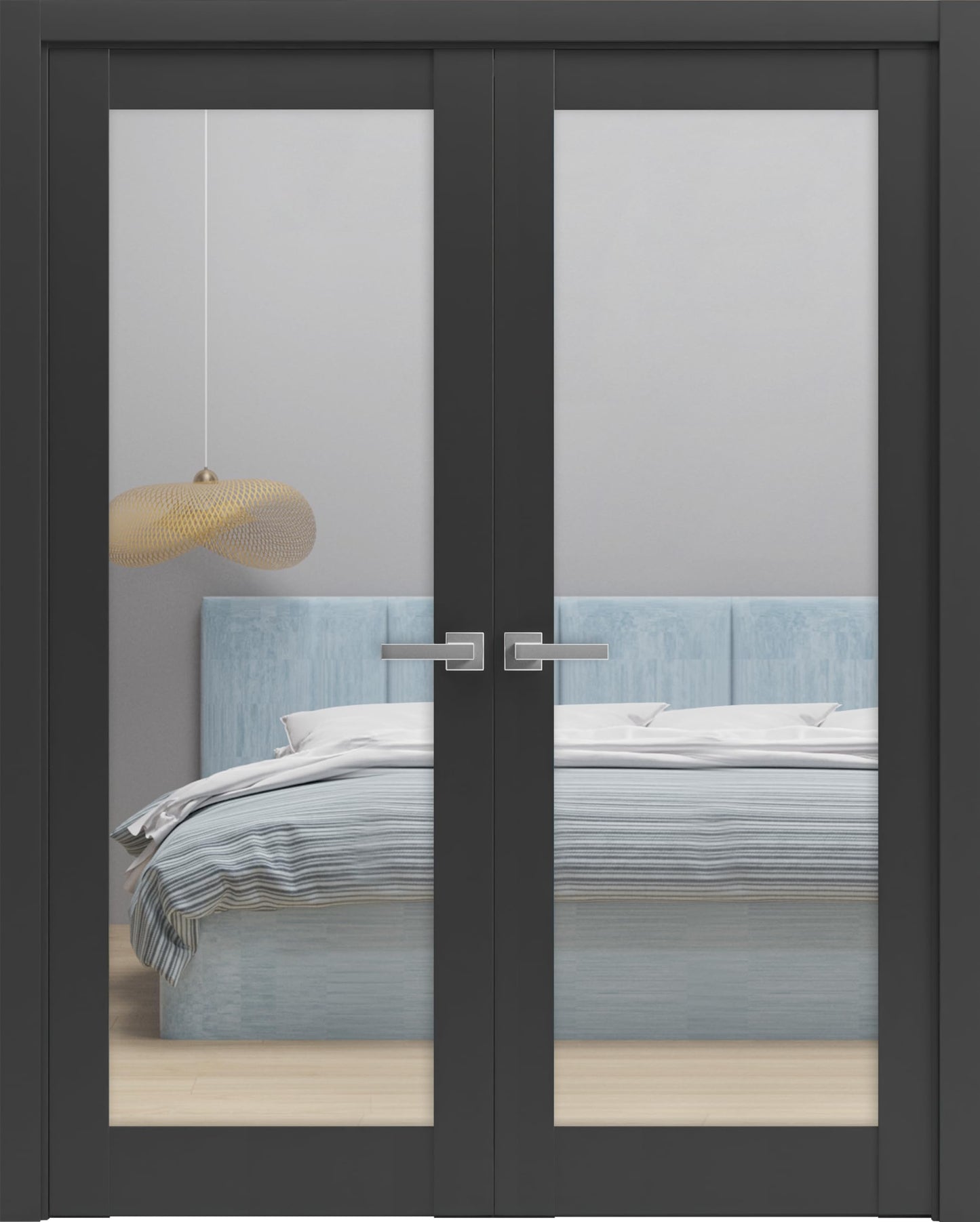 SARTODOORS Lucia 2166 | Double Swing Interior French Doors with Glass, Solid Wood, Hardware Included, 56x80, Black, Modern