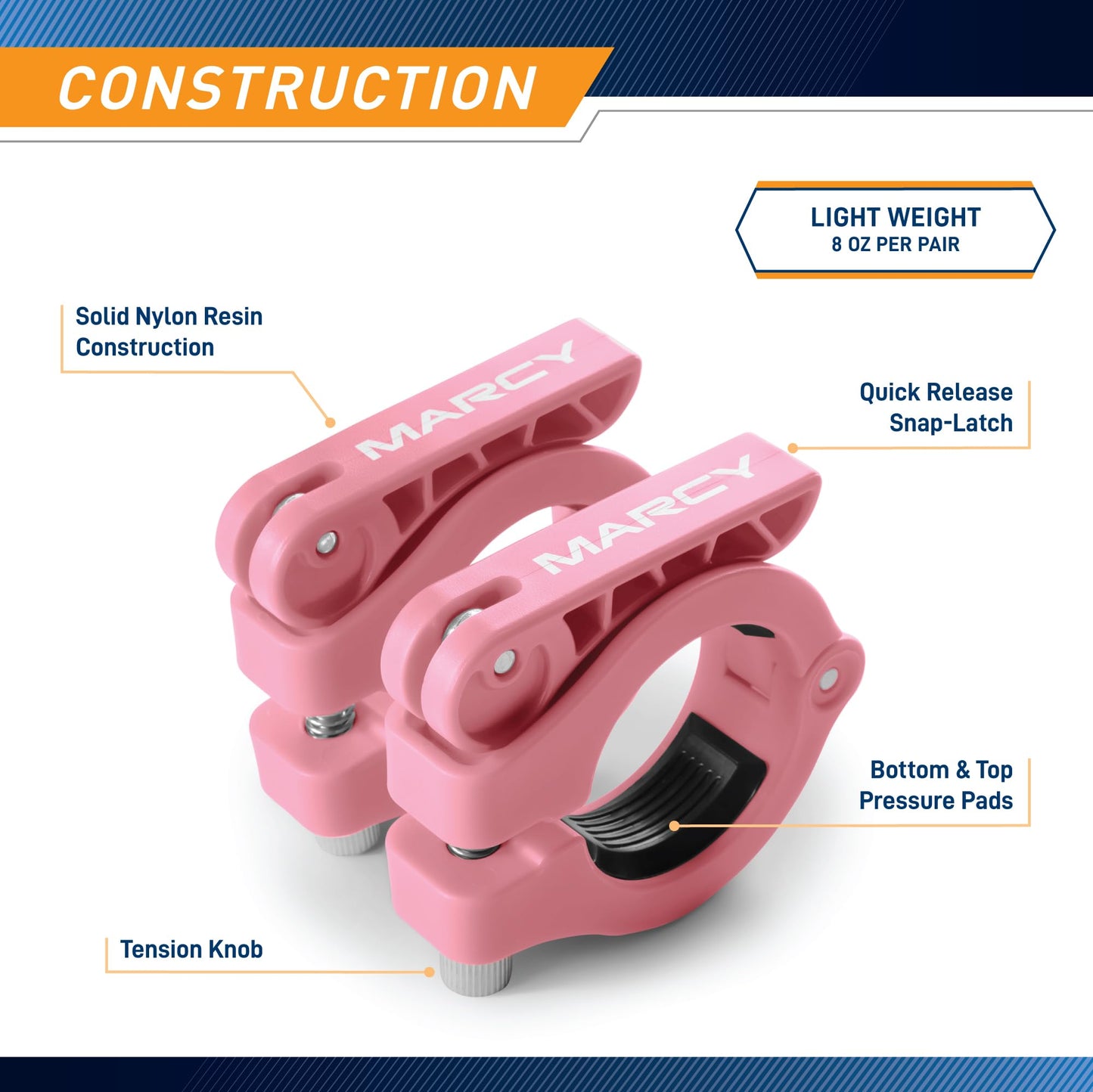 Marcy Adjustable Nylon Resin Olympic (2-inch) Barbell Lock Collar Clips witn Quick Release Latch for Weight Training & Fitness Training, Pink, OBC-10PK