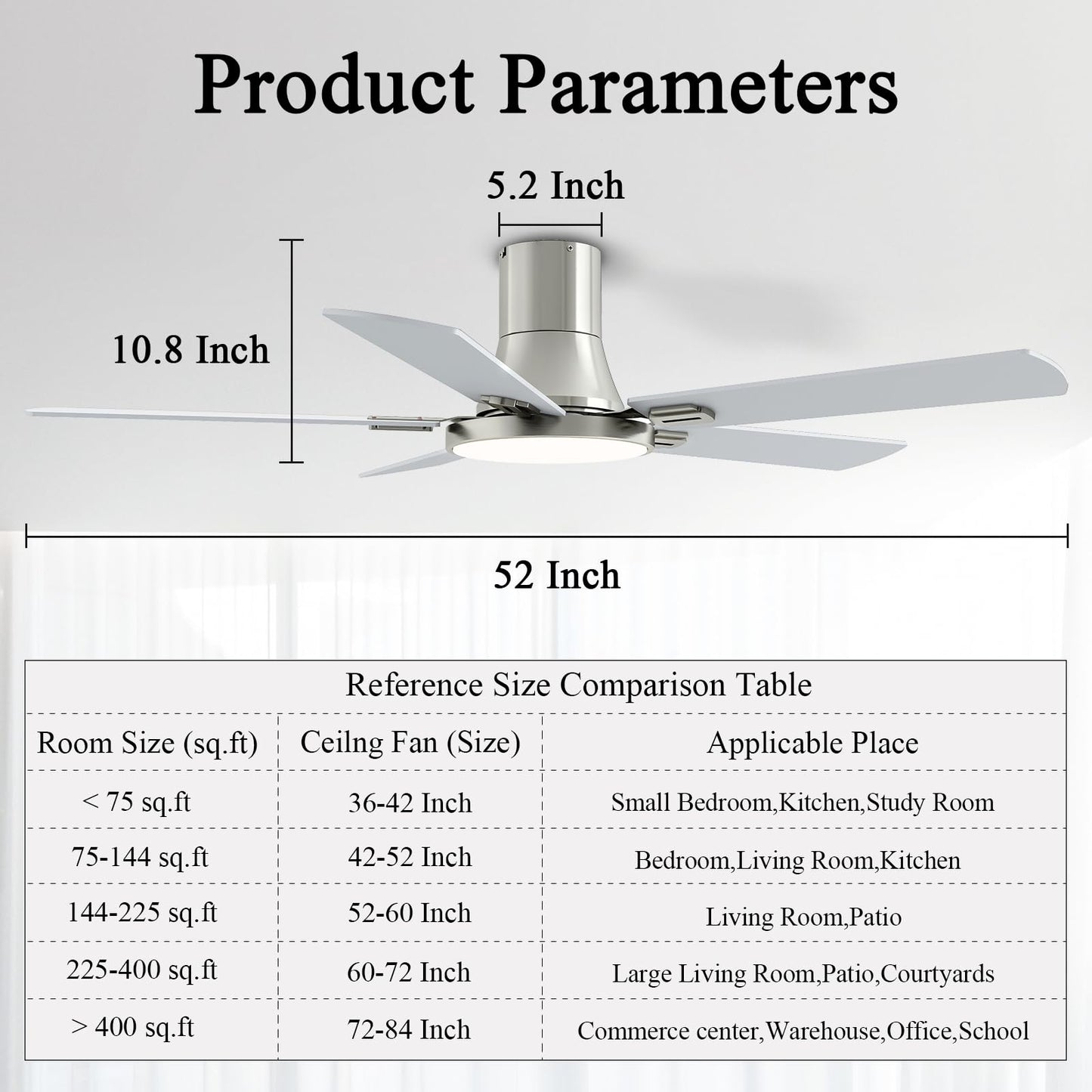 SNJ 52 Inch Brushed Nickel Ceiling Fans with Lights and Remote,Flush Mount Low Profile 5 Blades Ceiling Fan,Dimmable Quiet Reversible DC Motor for,Living Room,Bedroom and Patio