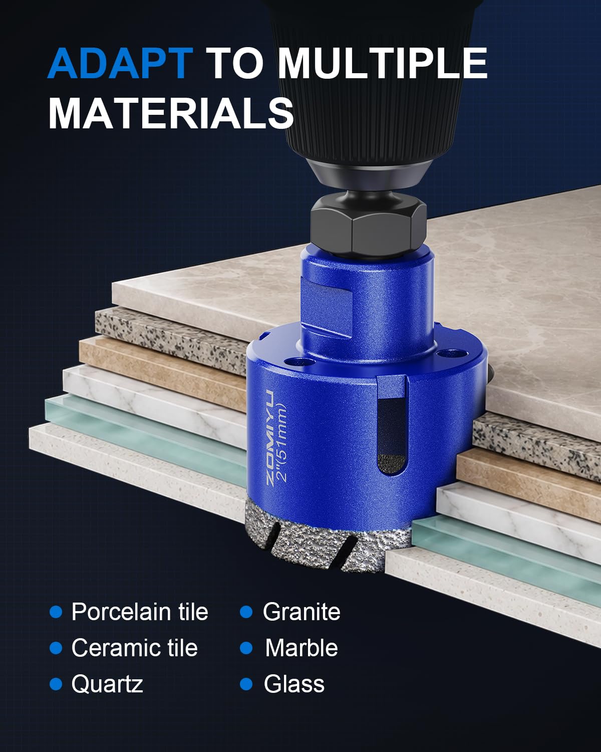 ZOMIYU Diamond Hole Saw Kit, 15PCS Diamond Drill Bits Set 1/4" 5/16" 4/5" 1" 1-3/8" 2" 3" 4", Vacuum Brazed Tile Hole Saw for Porcelain Tile, Granite, Marble, Stone